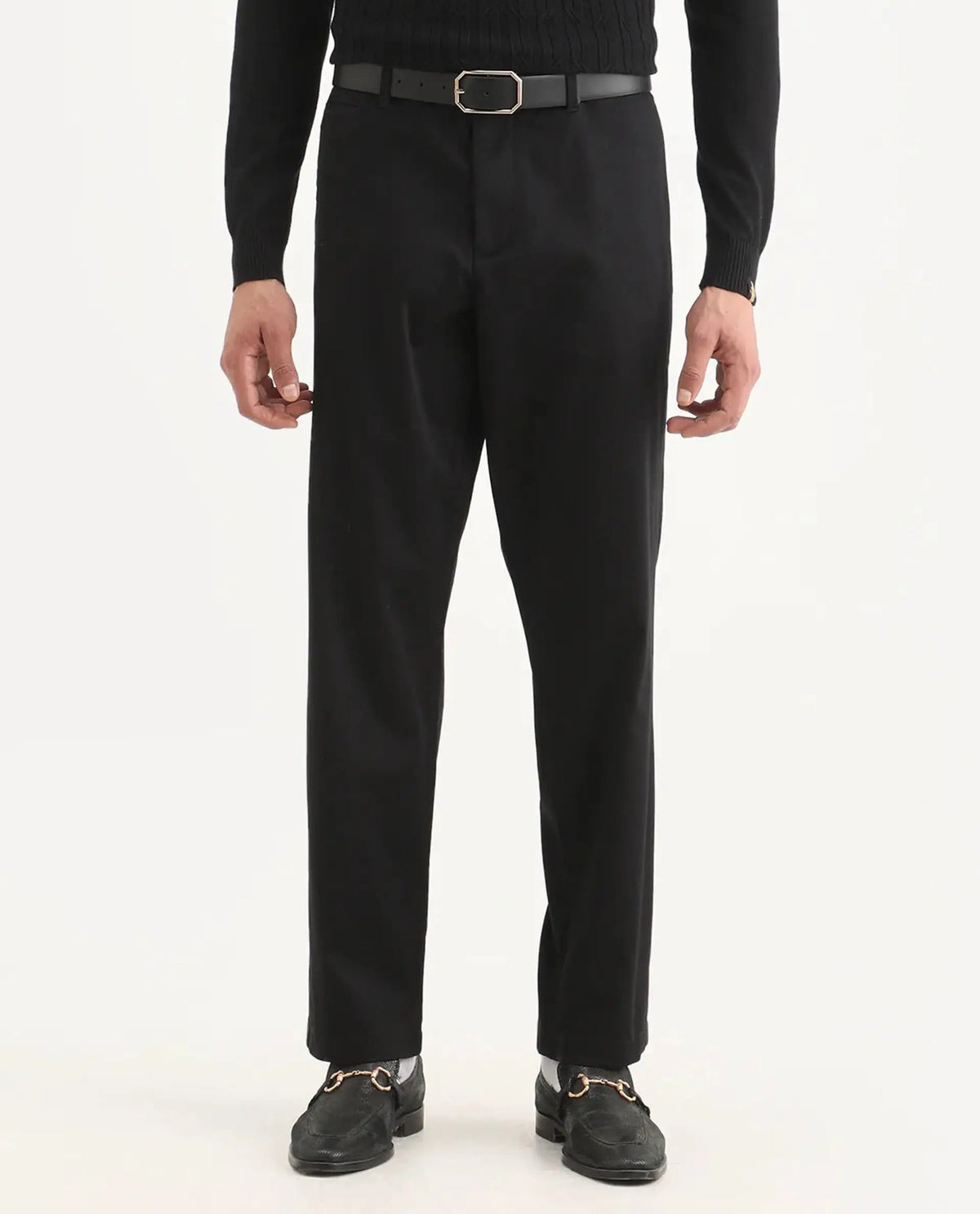 Rare Rabbit Men's Parga Black Cotton Blend Fabric Regular Fit Plain Trouser