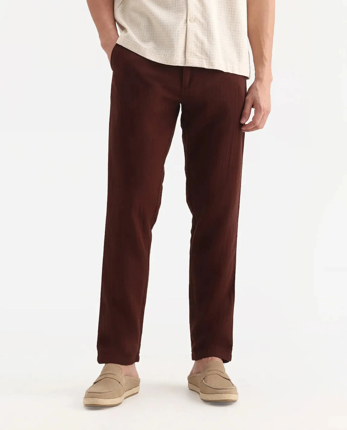 Rare Rabbit Men's Pastor-3 Rust Cotton Plain Regular Fit Trouser