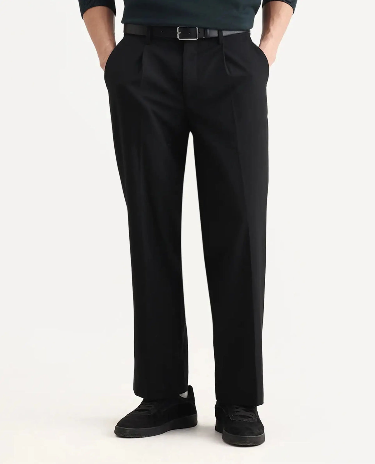 Rare Rabbit Men Pauls Black Polyester Blend Fabric Button Closure Plain Trouser