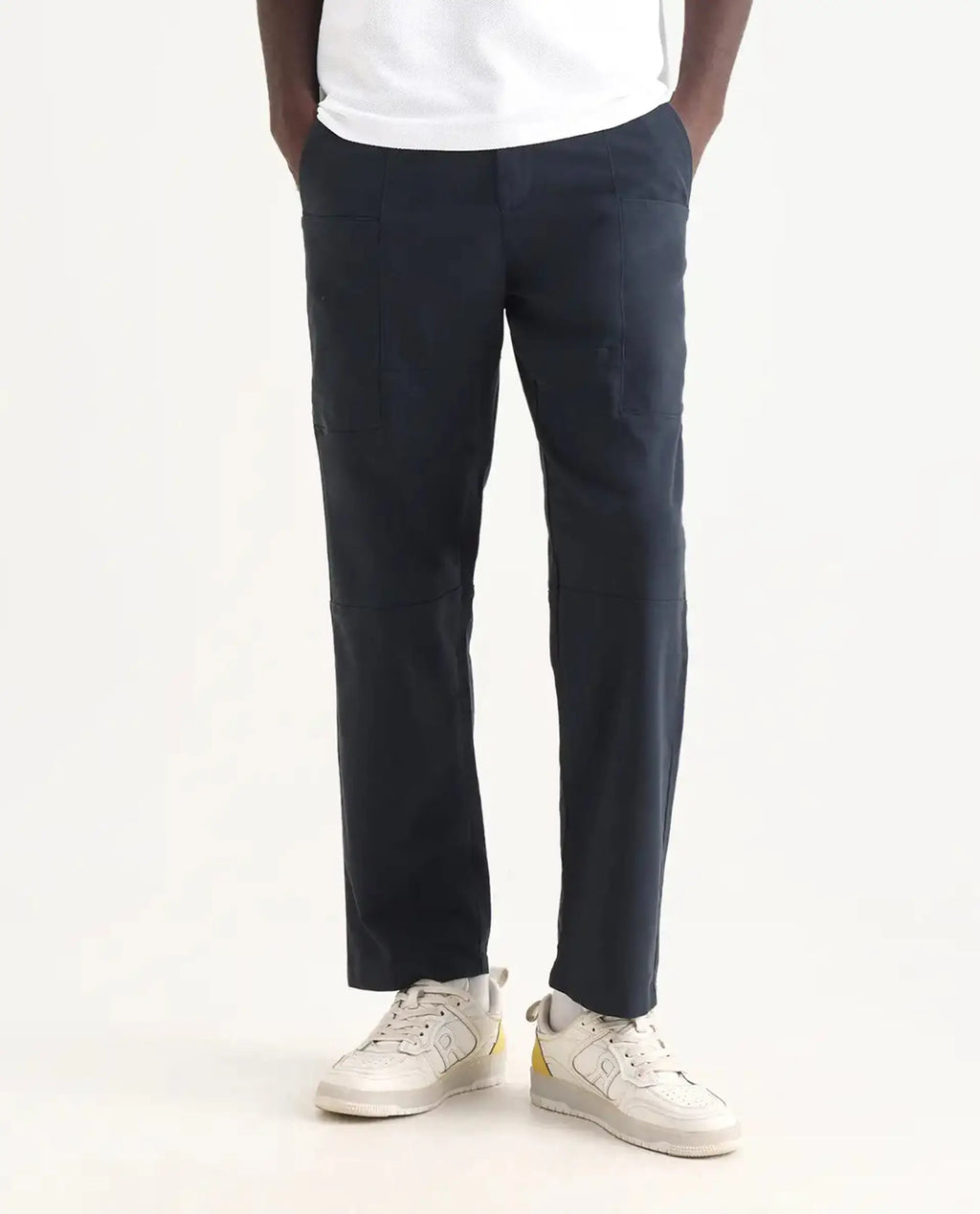 Rare Rabbit Men's Petro Navy Cotton Plain Straight Fit Trouser