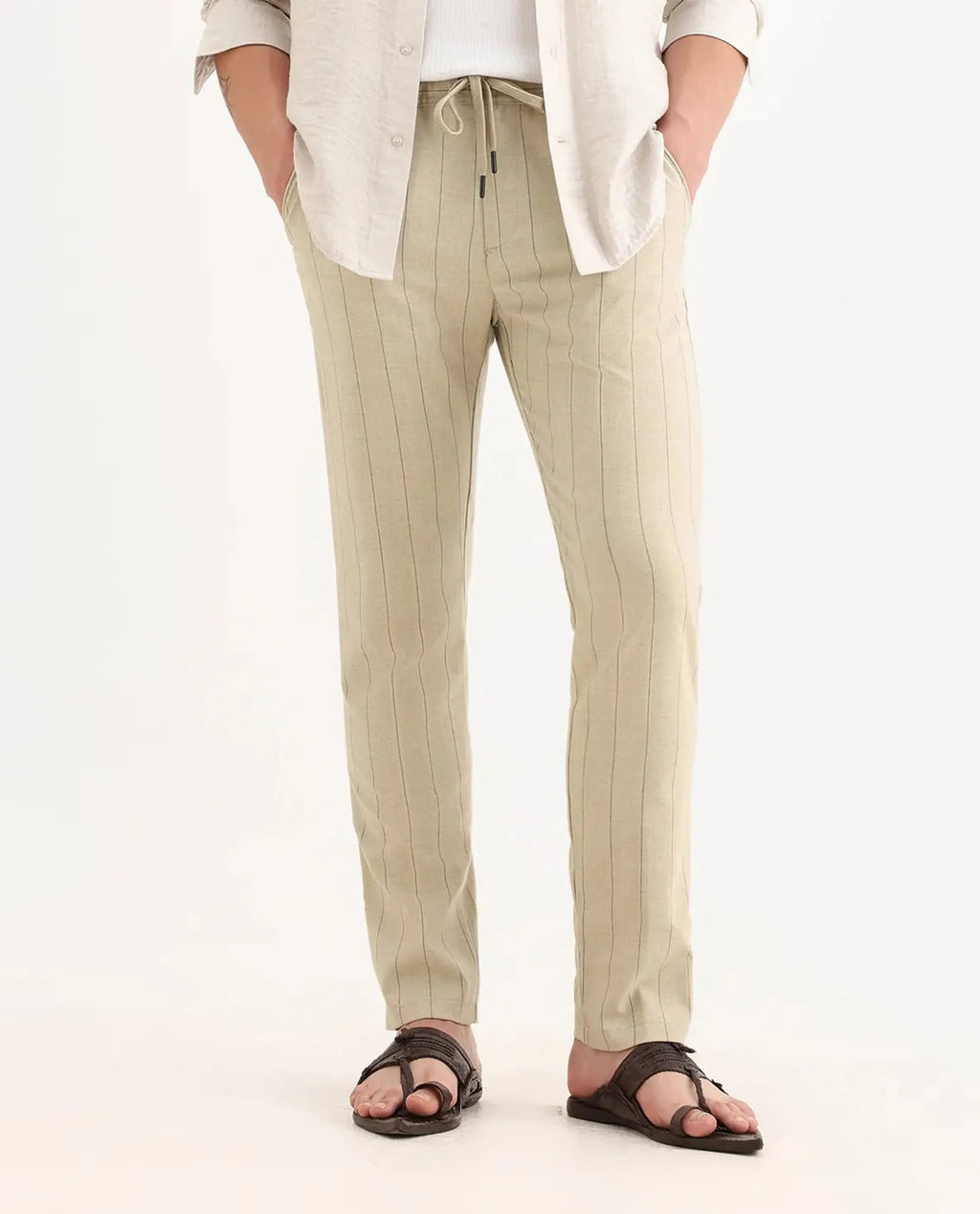 Rare Rabbit Men's Pixie Light Beige Polyester Striped Print Regular Fit Trouser
