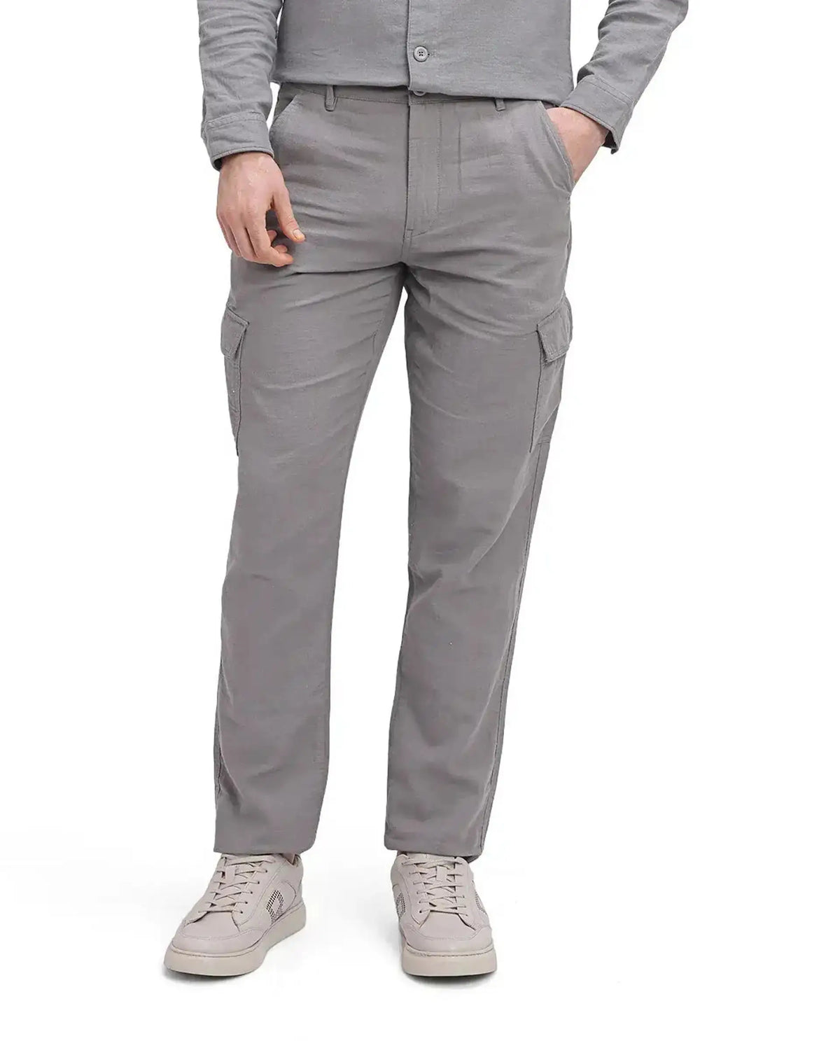 Rare Rabbit Men's Presso Light Grey Cotton Plain Relaxed Fit Trouser