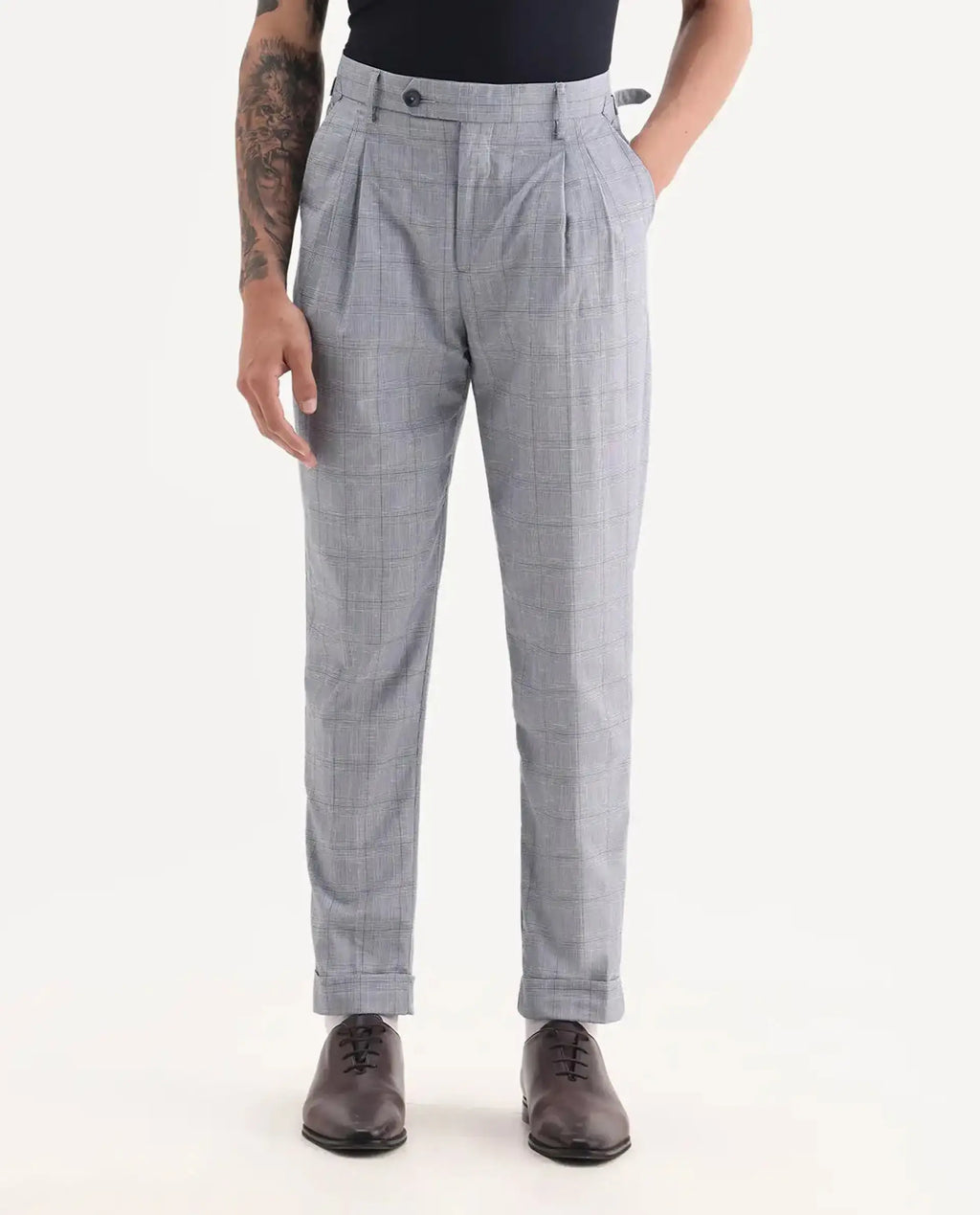 Rare Rabbit Men's Renot Blue Linen Blend Checked Print Regular Fit Trouser