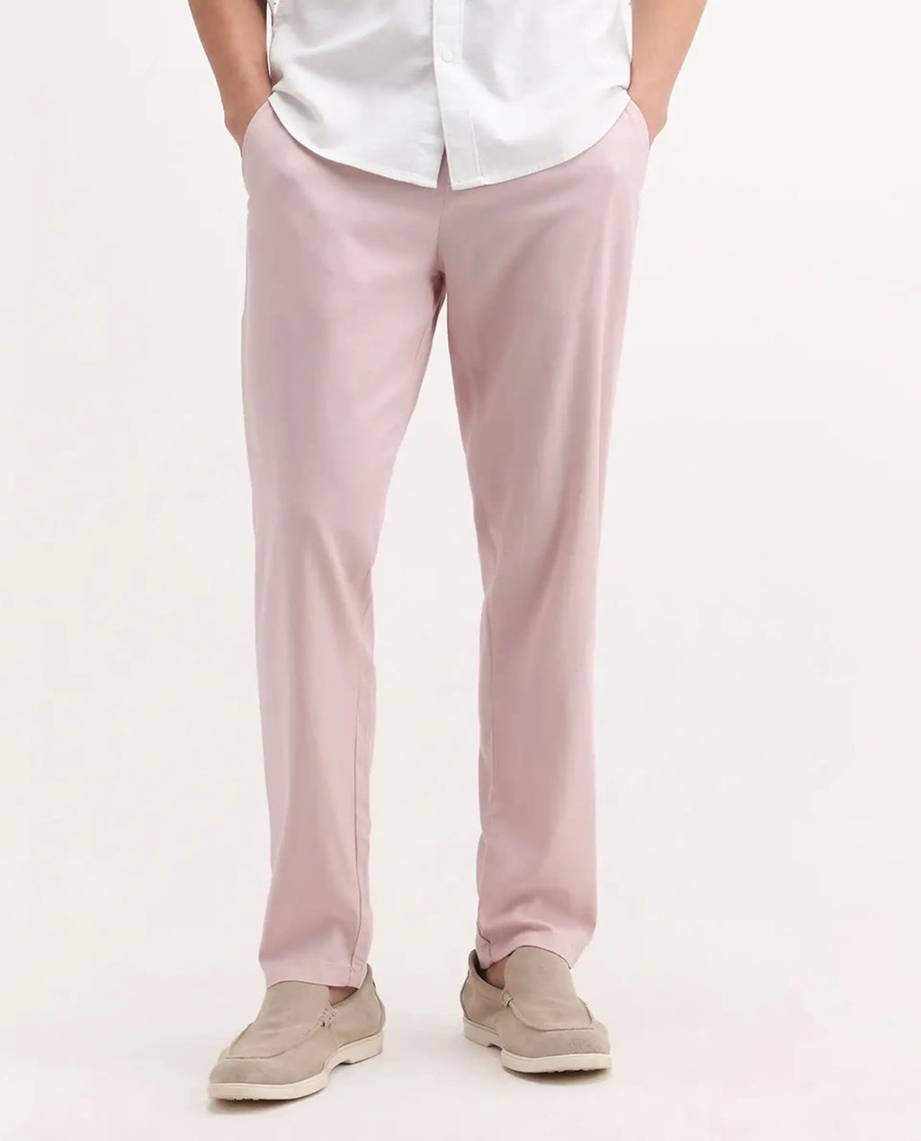 Rare Rabbit Men's Reric Pastel Pink Linen Blend Plain Regular Fit Trouser