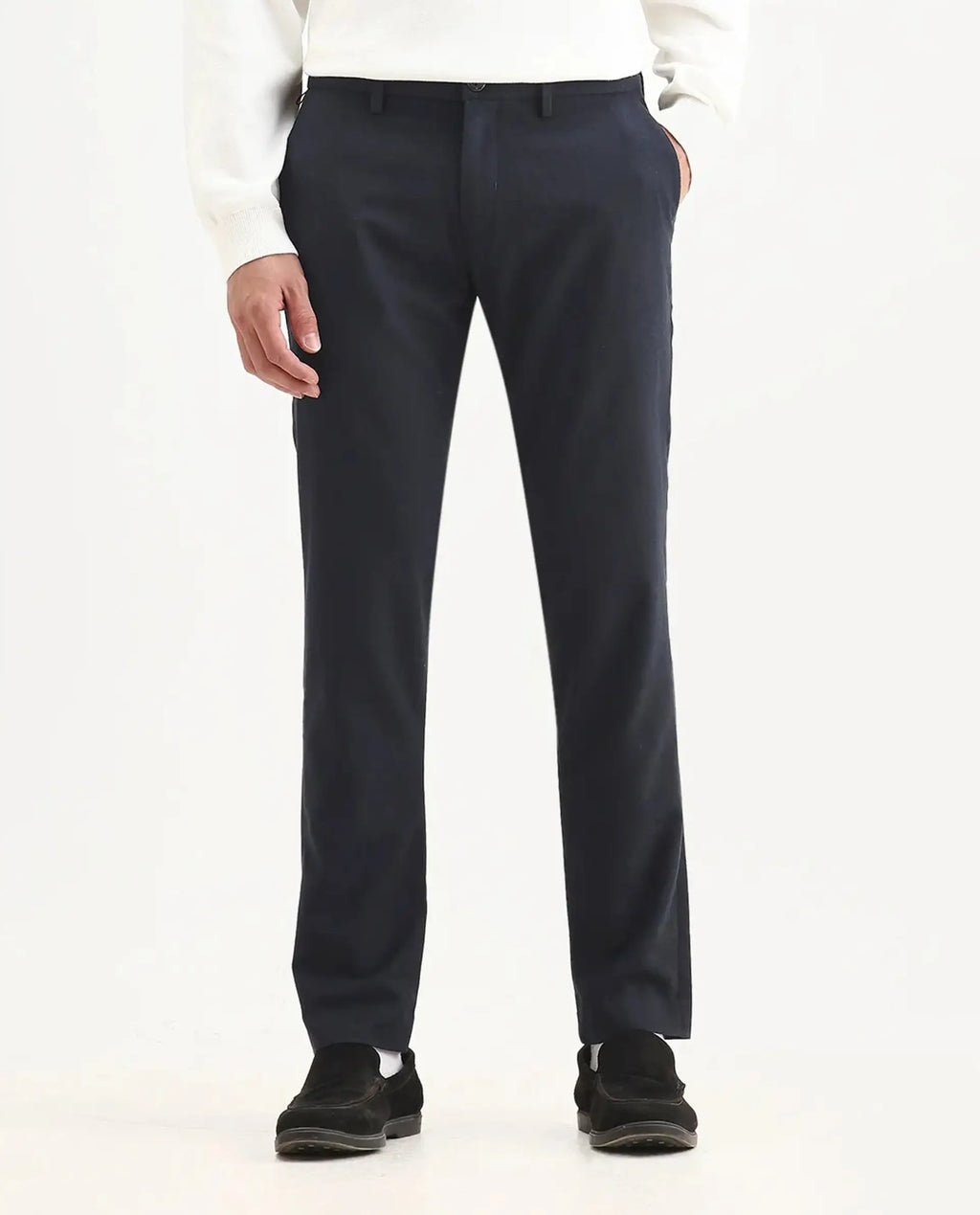 Rare Rabbit Men's Seth Navy Polyester Jacquard Regular Fit Trouser