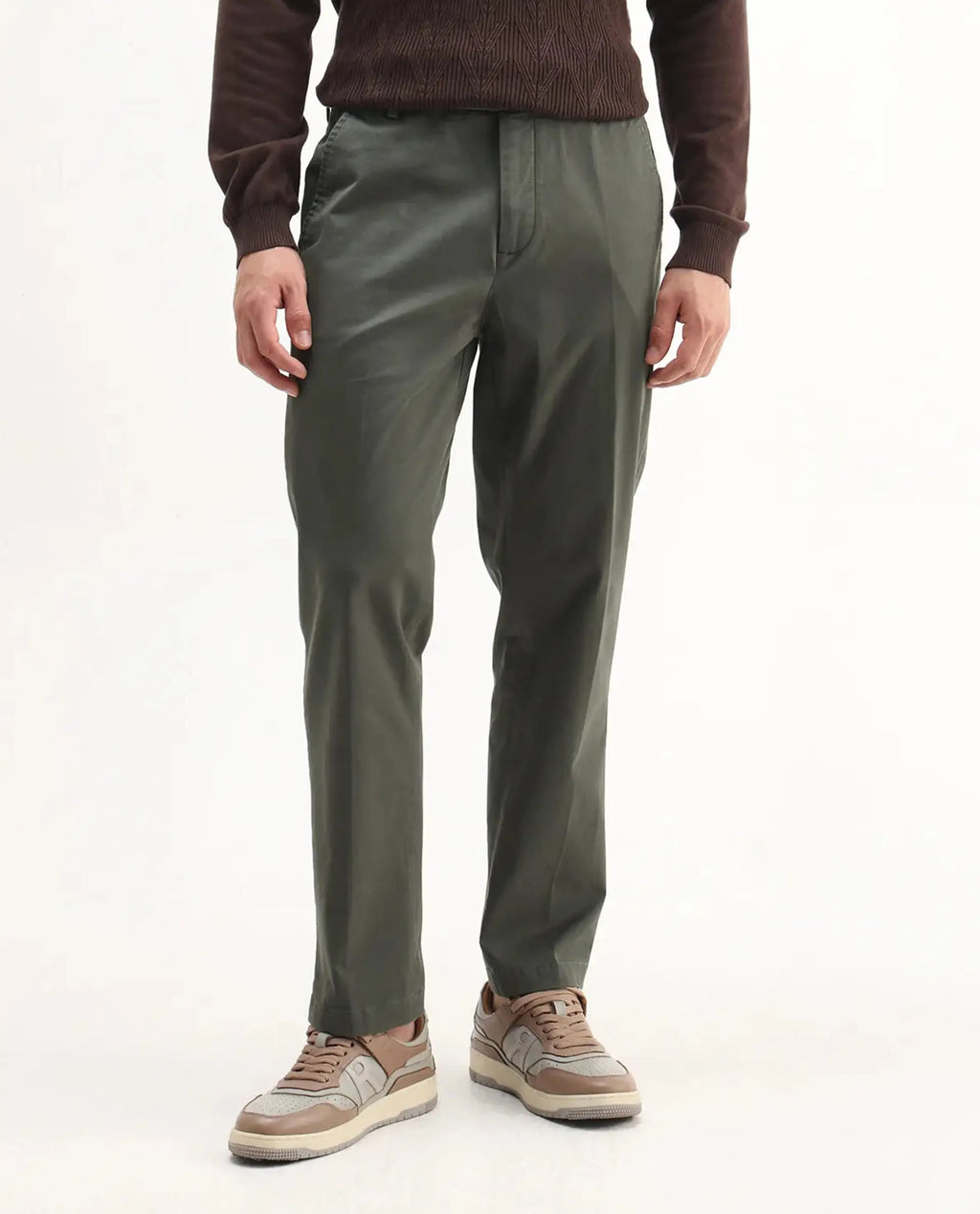 Rare Rabbit Men's Smart Dusky Green Cotton Blend Plain Regular Fit Trouser
