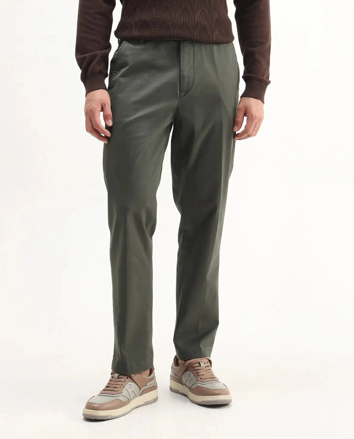 Rare Rabbit Men's Smart Dusky Green Cotton Blend Plain Regular Fit Trouser