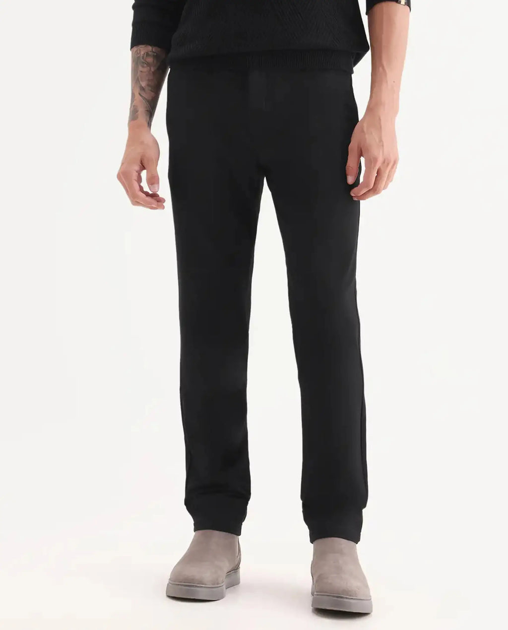 Rare Rabbit Men's Travel-24 Black Poly Viscose Lycra Fabric Blend Solid Trousers