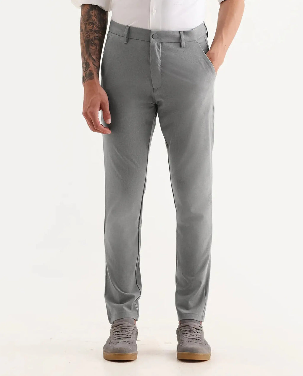 Rare Rabbit Men's Travel-25 Grey Polyester Blend Plain Regular Fit Trouser