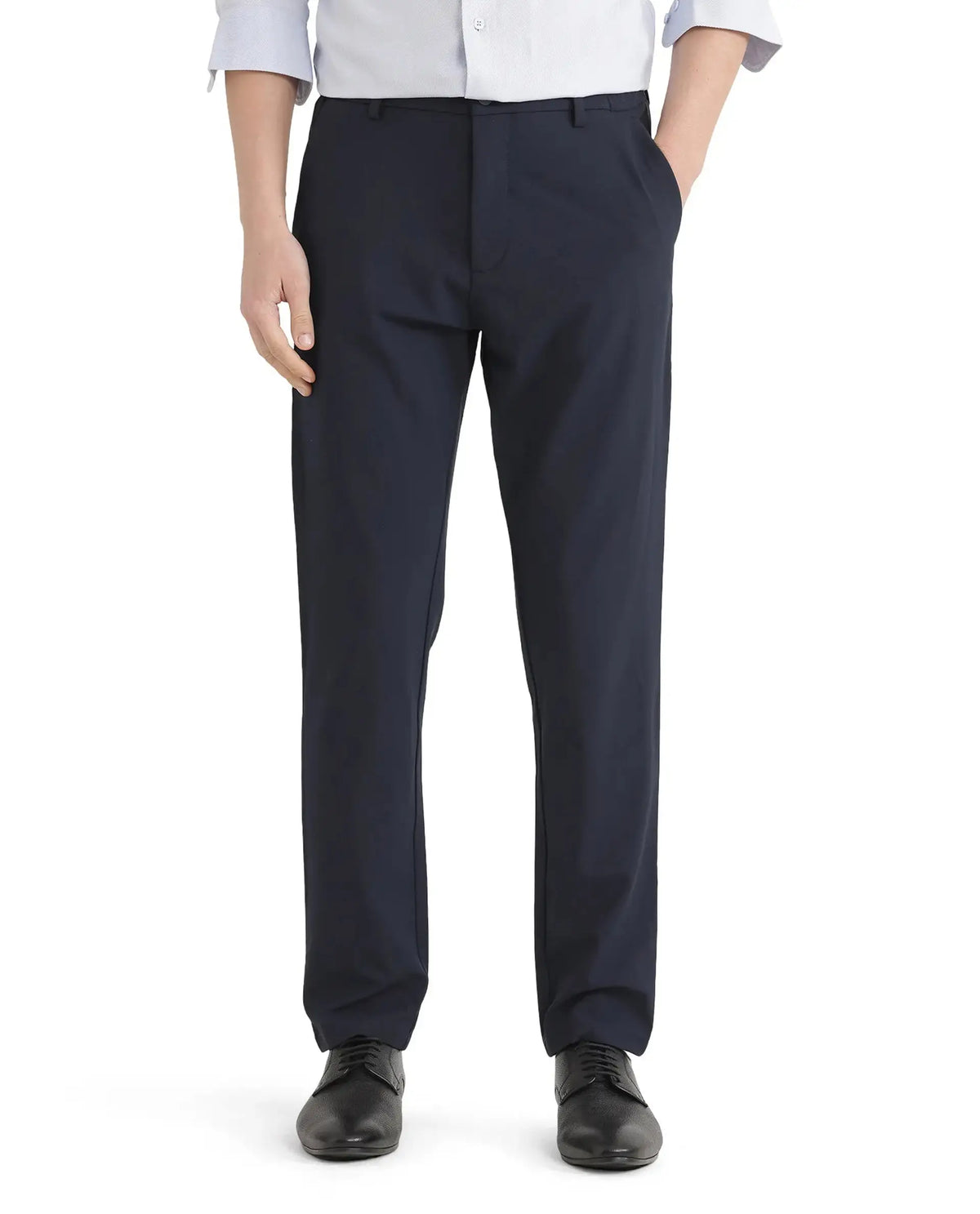 Rare Rabbit Men's Travel 26 Navy Polyester Blend Plain Regular Fit Trouser