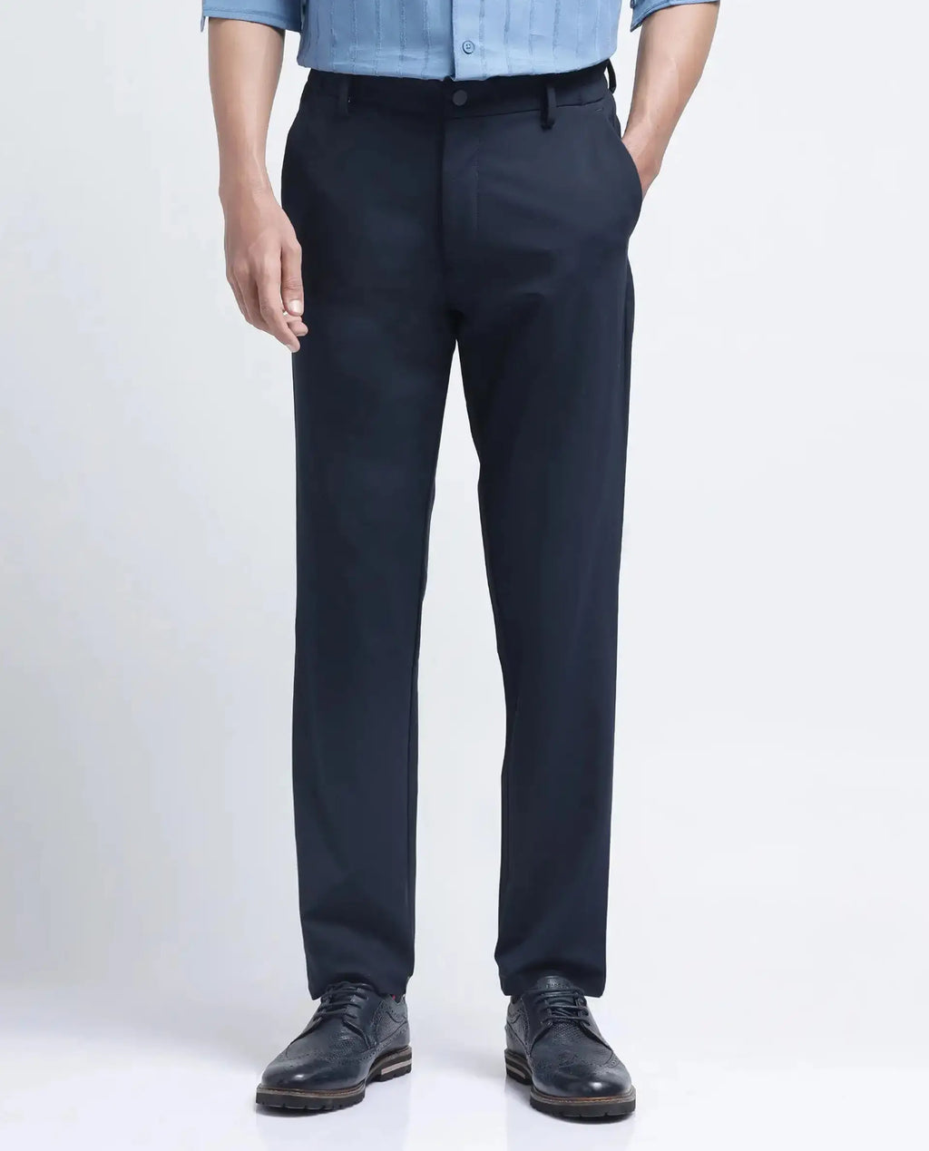 Rare Rabbit Men's Travel-26R Navy Polyester Blend Plain Regular Fit Trouser