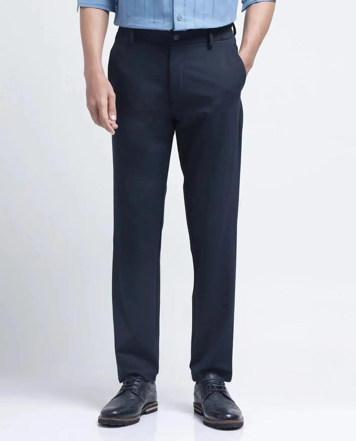 Rare Rabbit Men's Travel-26R Navy Polyester Blend Plain Regular Fit Trouser
