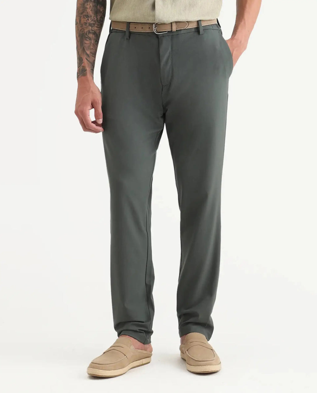Rare Rabbit Men Travel-Stk Olive Polyester Fabric Button And Zip Closure Closure Plain Trouser