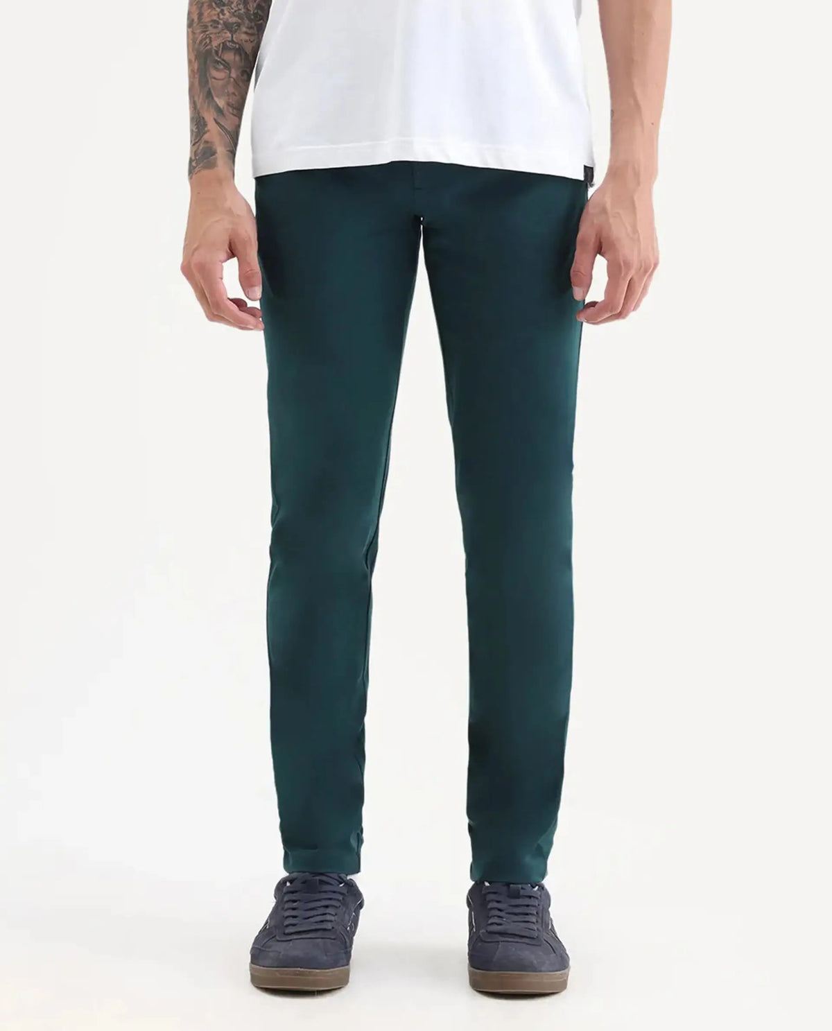 Rare Rabbit Men's Travellers Dark Petrol Solid Mid-Rise Regular Fit Trouser
