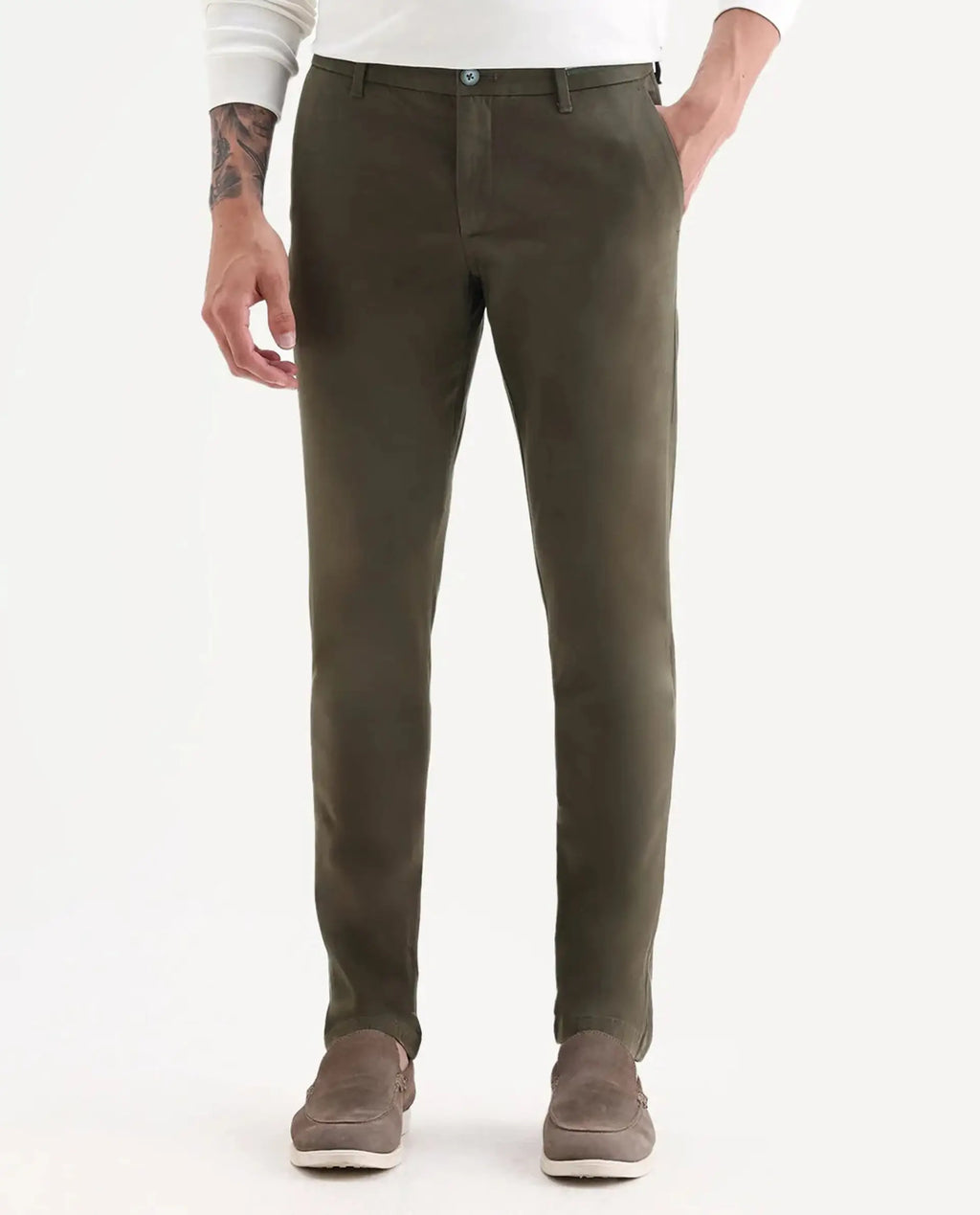 Rare Rabbit Men's Trellis Olive Cotton Plain Regular Fit Trouser