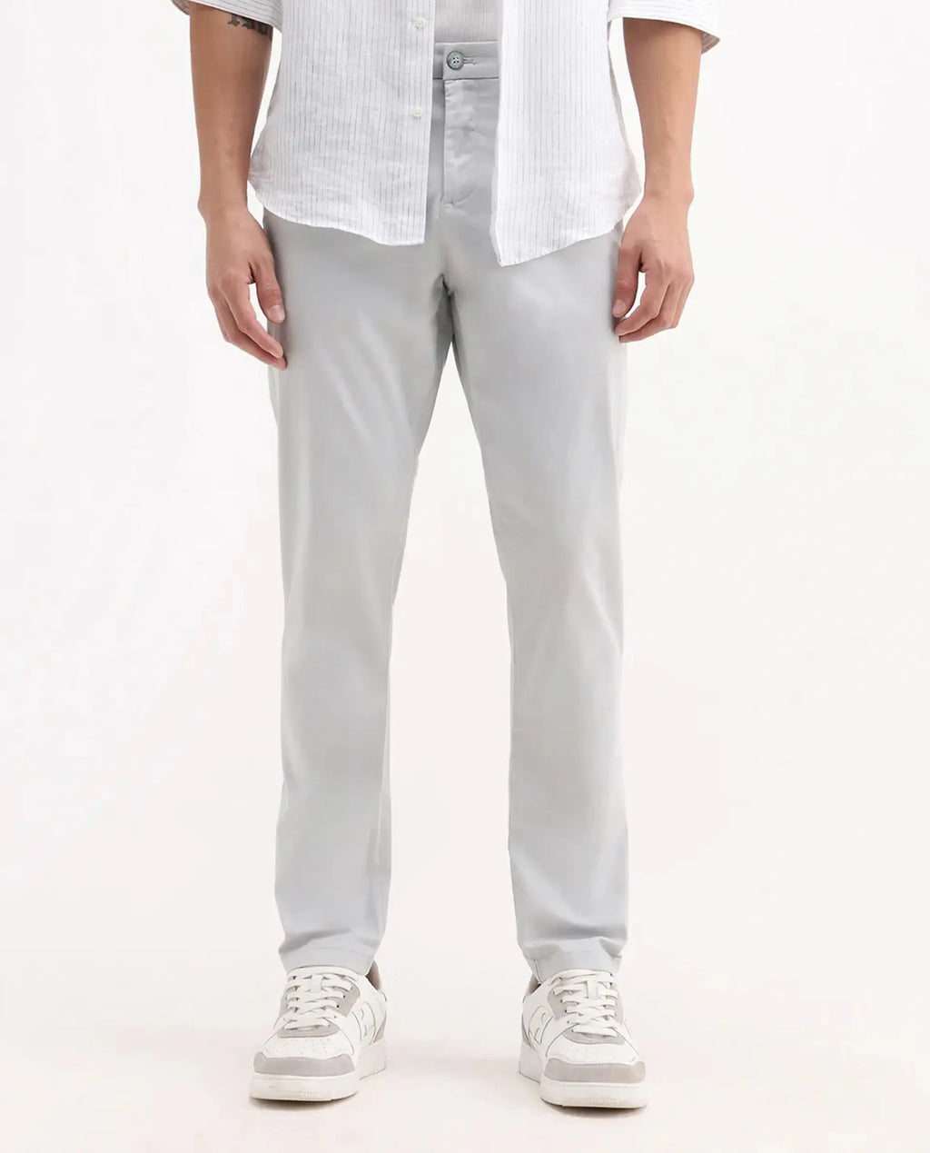 Rare Rabbit Men's Trello Light Grey Cotton Blend Plain Regular Fit Trouser
