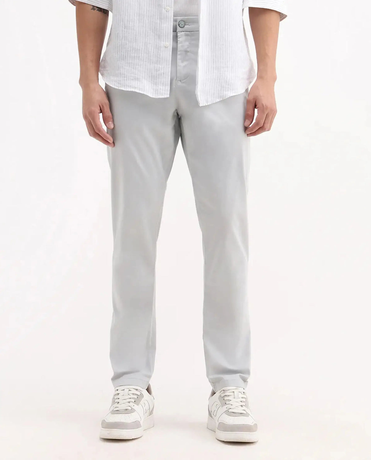 Rare Rabbit Men's Trello Light Grey Cotton Blend Plain Regular Fit Trouser