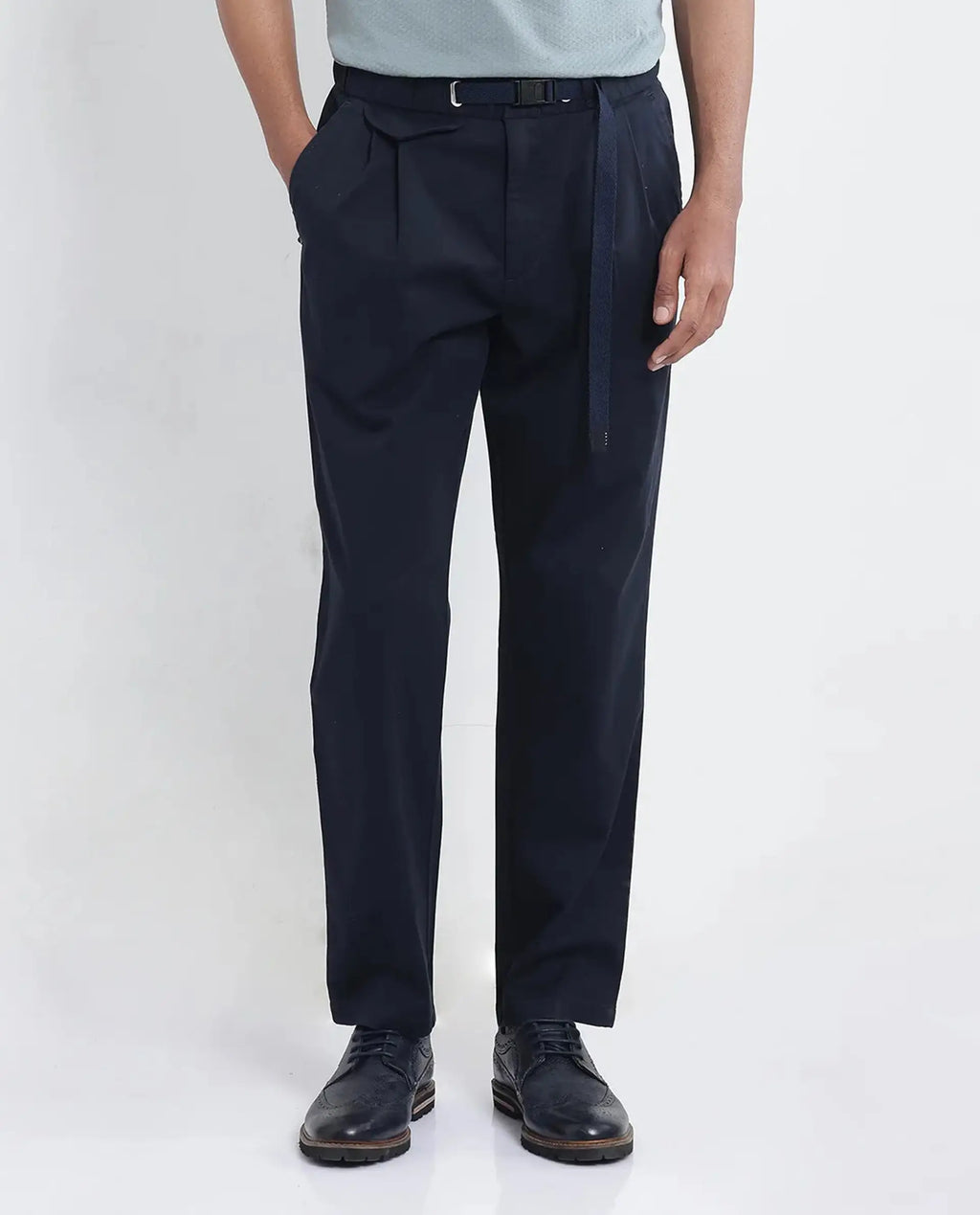 Rare Rabbit Men's Yocko Navy Cotton Blend Plain Baggy Fit Trouser