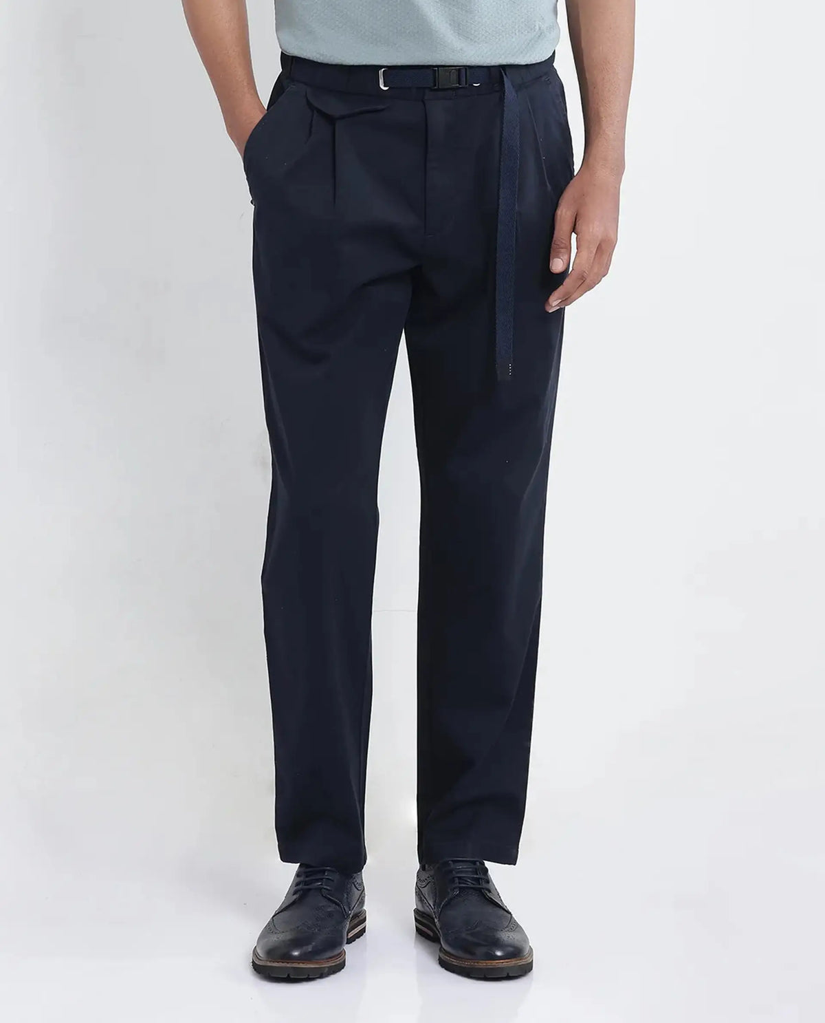 Rare Rabbit Men's Yocko Navy Cotton Blend Plain Baggy Fit Trouser