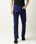 Rare Rabbit Men's Fiv5 Blue Cotton Plain Slim Fit Trouser