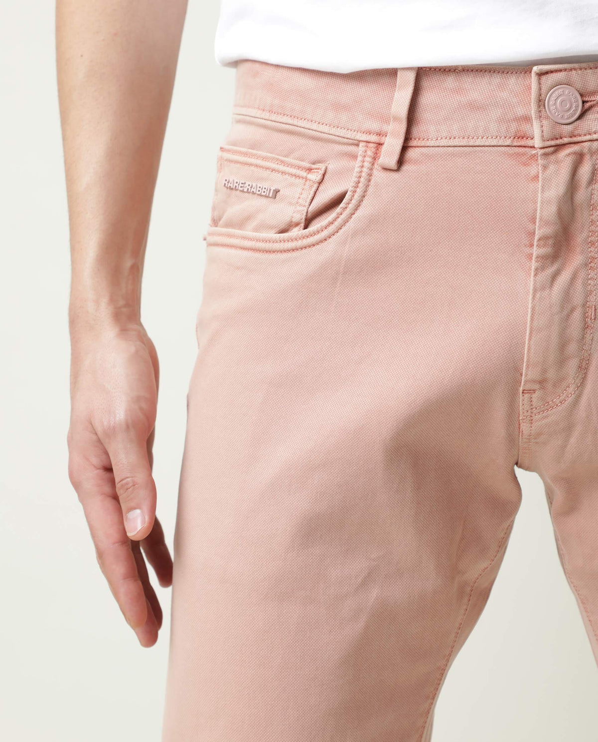 Rare Rabbit Men's Fiv5 Pink Cotton Plain Slim Fit Trouser