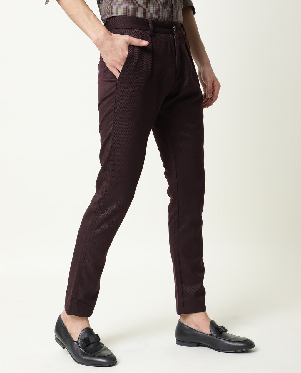 Rare Rabbit Men's Edit Maroon Polyester Plain Slim Fit Trouser