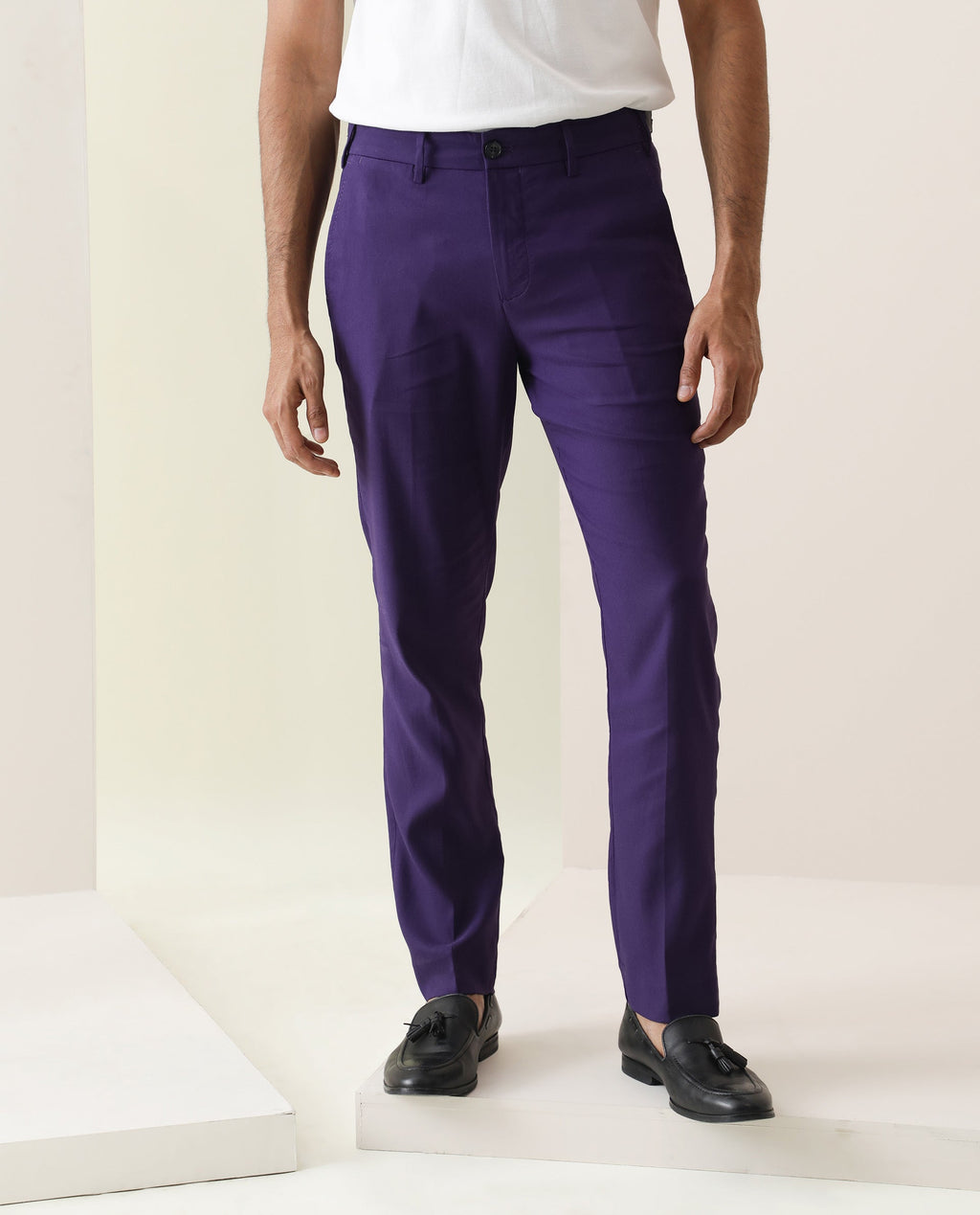 Rare Rabbit Men's Glade Purple Viscose Plain Slim Fit Trouser