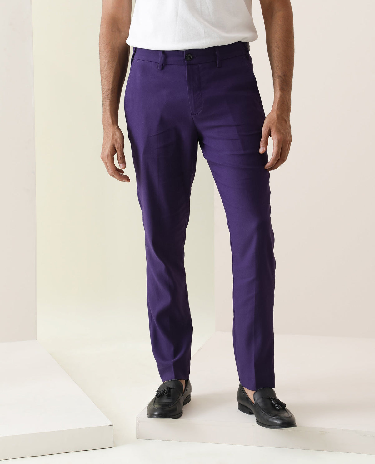 Rare Rabbit Men's Glade Purple Viscose Plain Slim Fit Trouser
