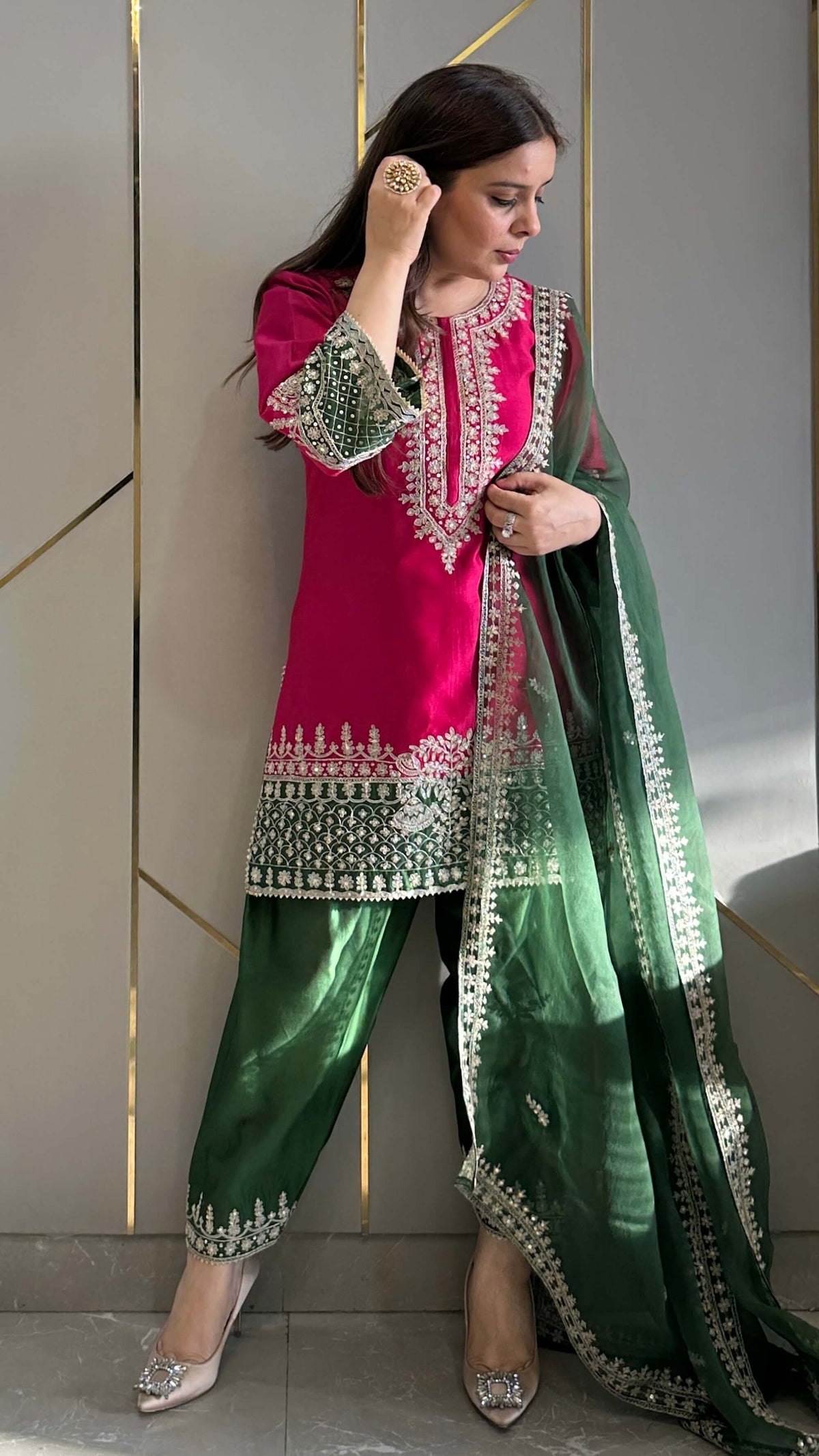 Magenta Chanderi Straight Phiran Kurta with Farshi Salwar - Express Delivery