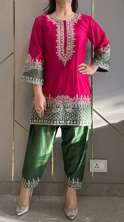 Magenta Chanderi Straight Phiran Kurta with Farshi Salwar - Express Delivery