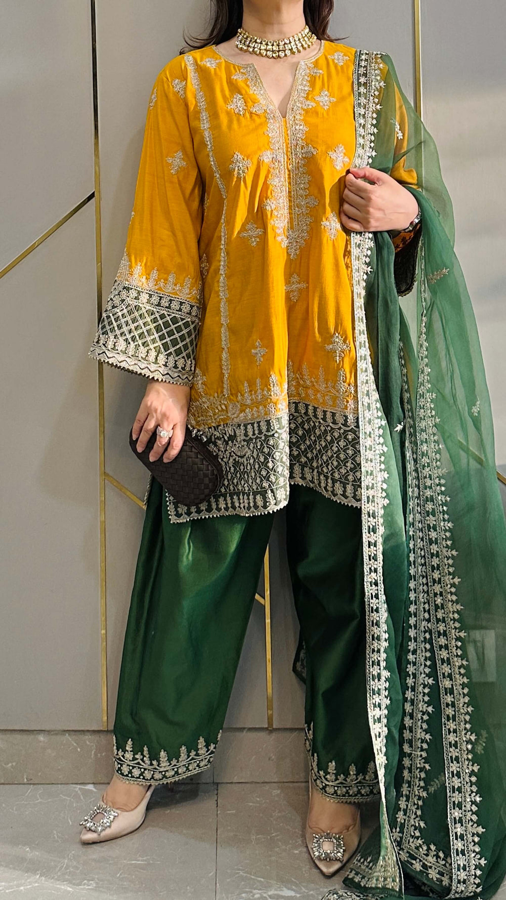 Mustard Chanderi Short Phiran Kurta with Farshi Salwar - Express Delivery