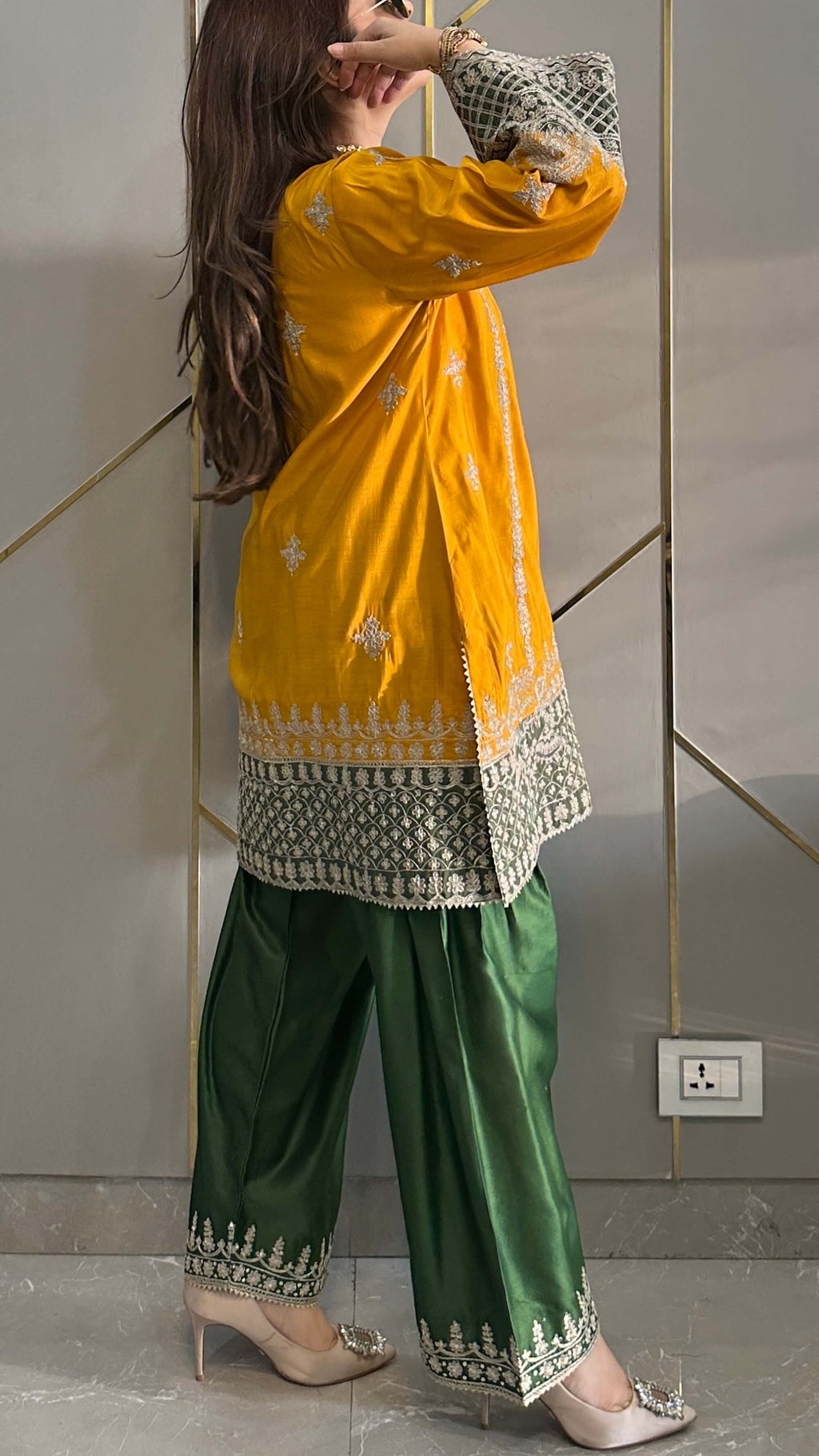 Mustard Chanderi Short Phiran Kurta with Farshi Salwar - Express Delivery