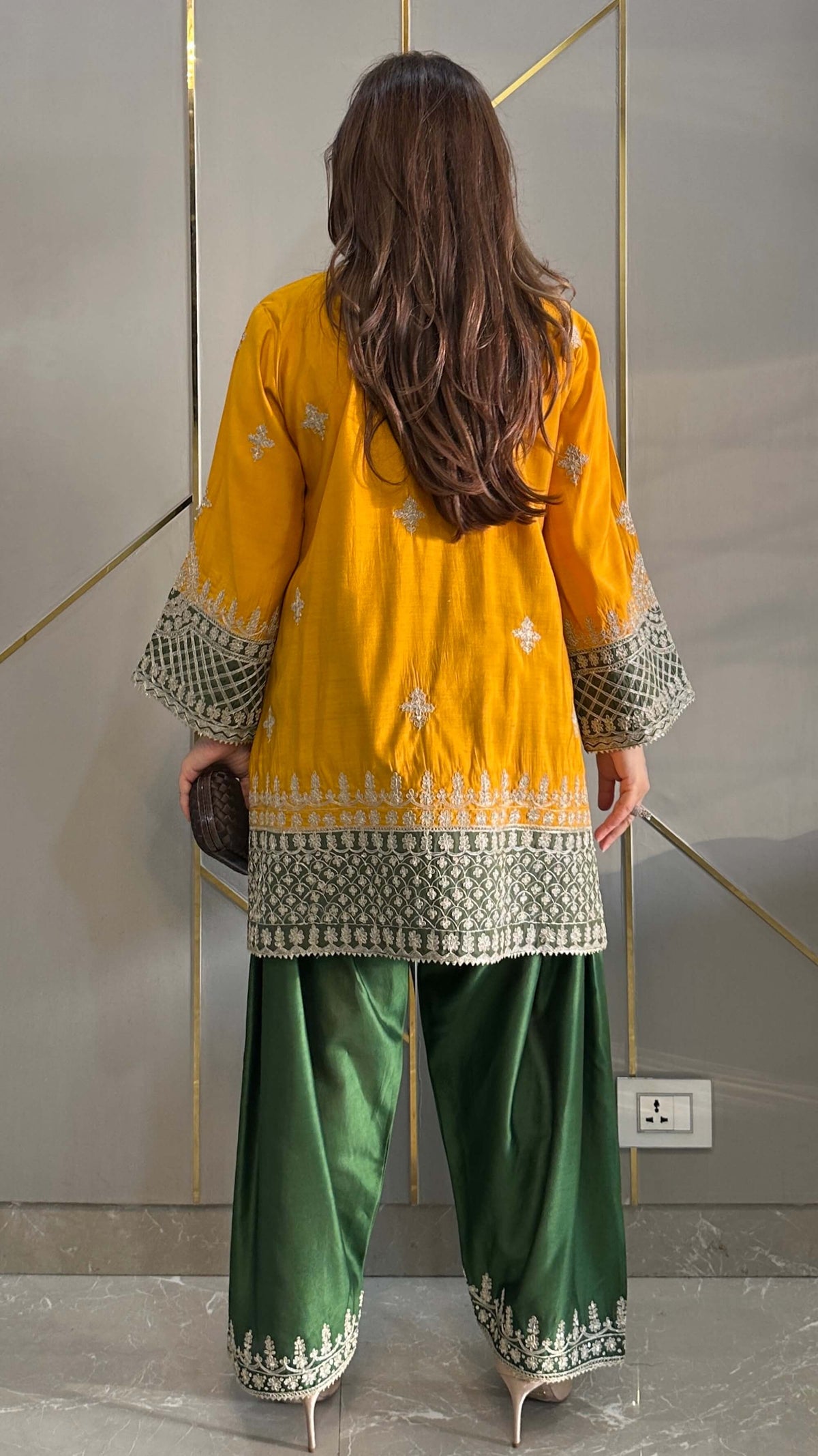 Mustard Chanderi Short Phiran Kurta with Farshi Salwar - Express Delivery