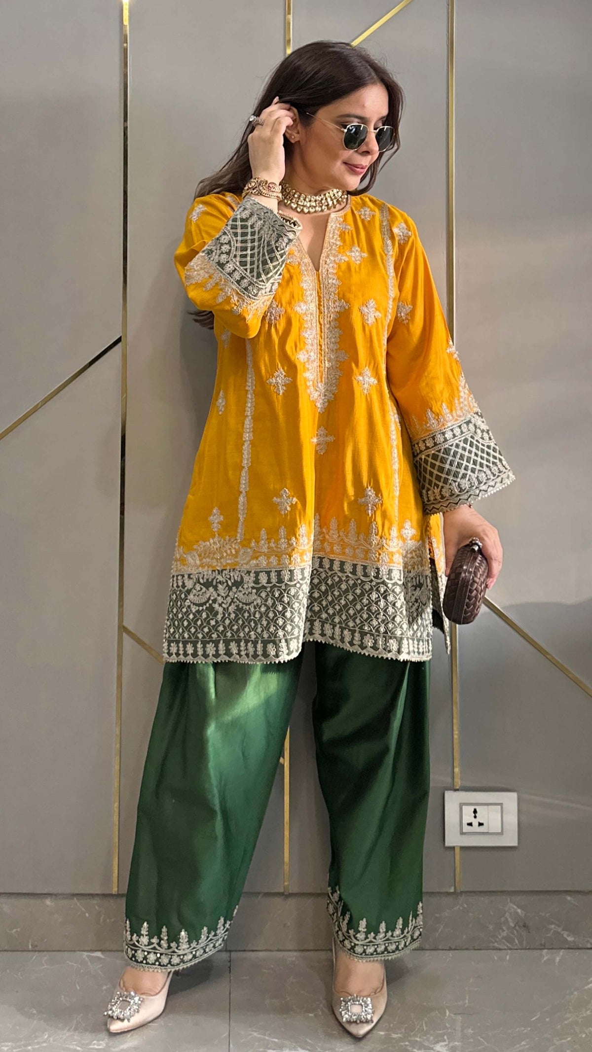 Mustard Chanderi Short Phiran Kurta with Farshi Salwar - Express Delivery