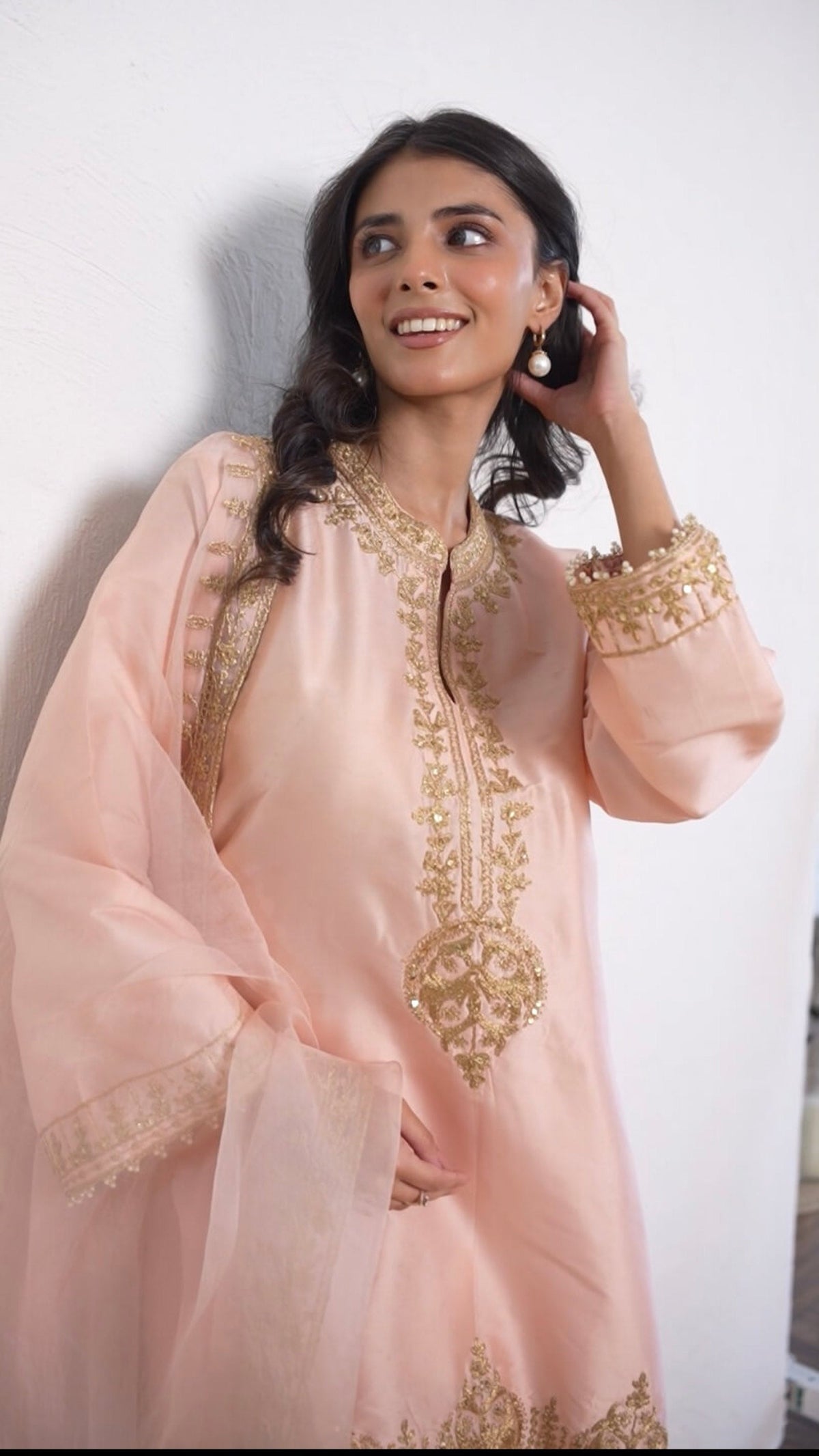 Light Peach Hand and Dori Embroidered Short Phiran Suit