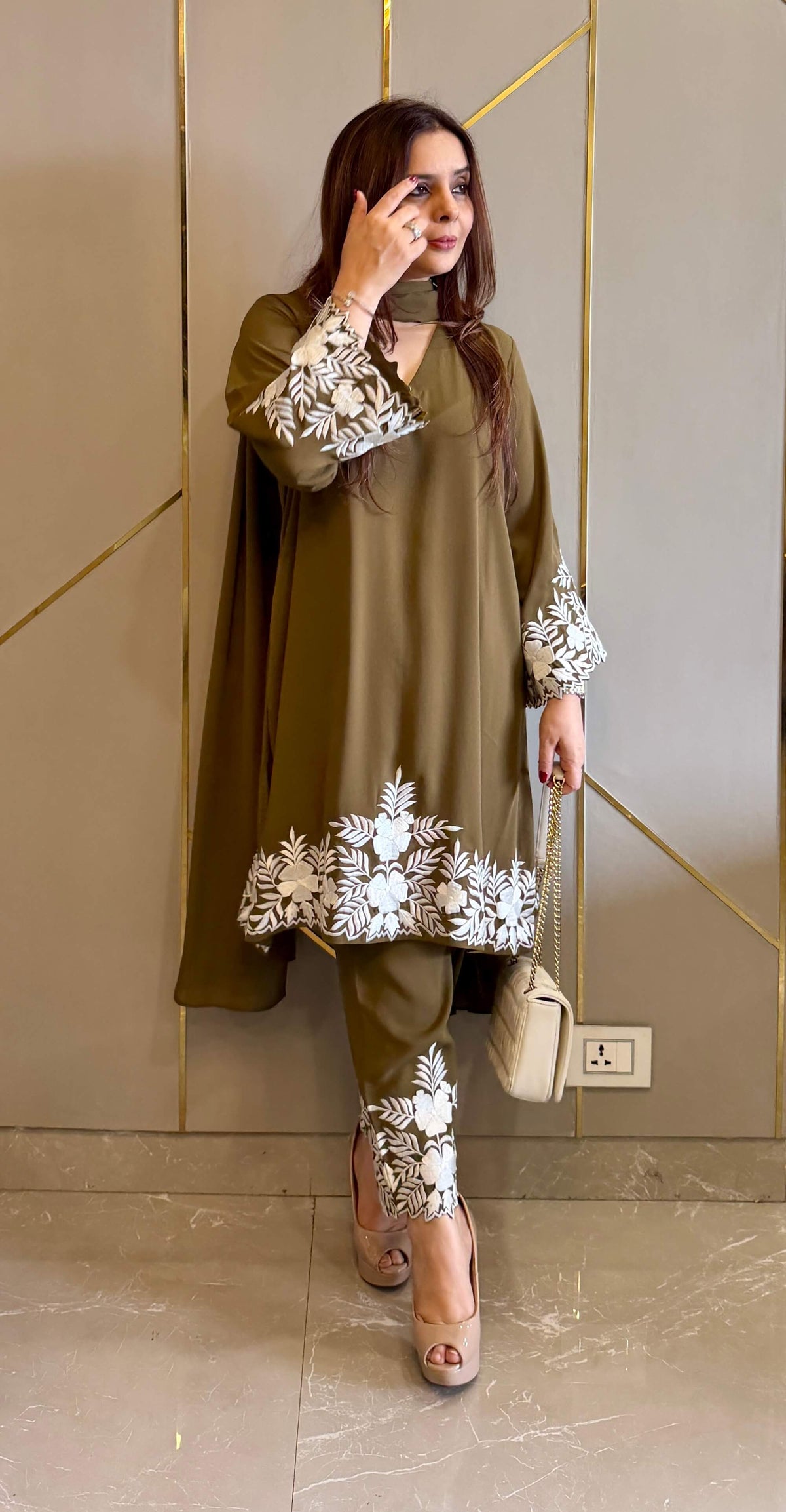 Olive Green Embroidered Gara Co-ord Set with Optional Dupatta