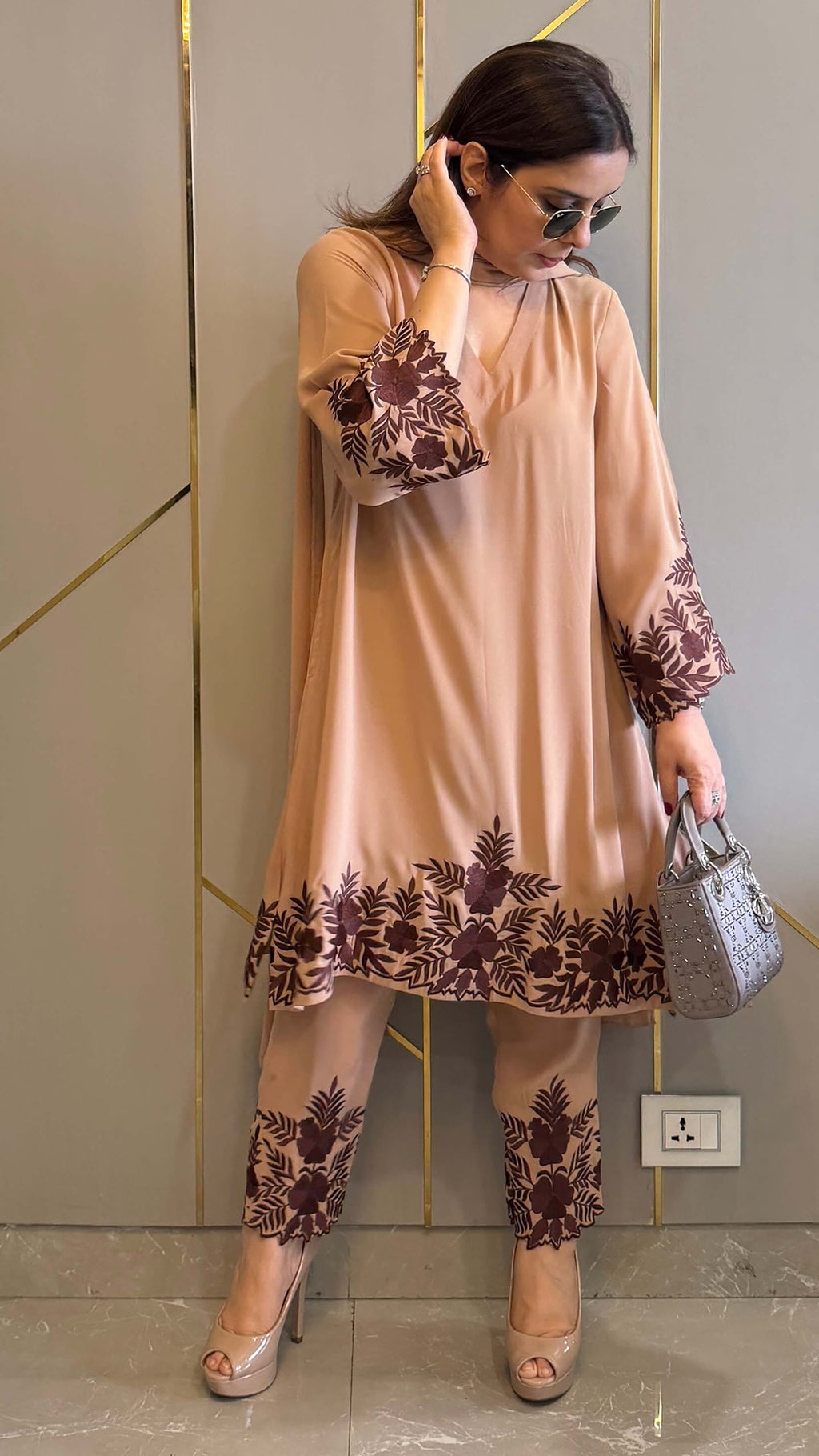 Cappuccino Embroidered Gara Co-ord Set with Optional Dupatta