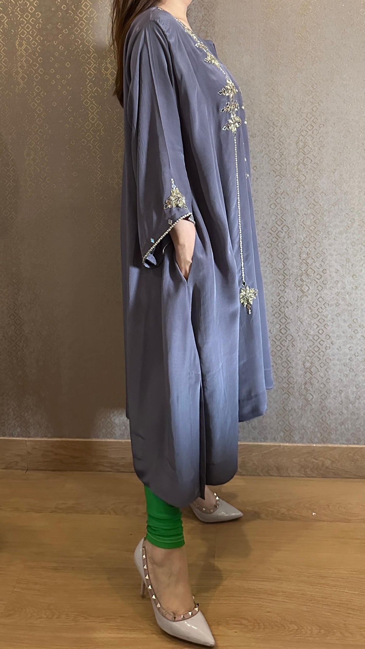 Grey Hand-Embroidered Phiran Kurta with Churidar
