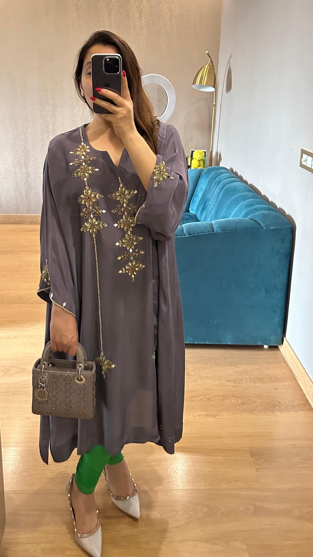 Grey Hand-Embroidered Phiran Kurta with Churidar