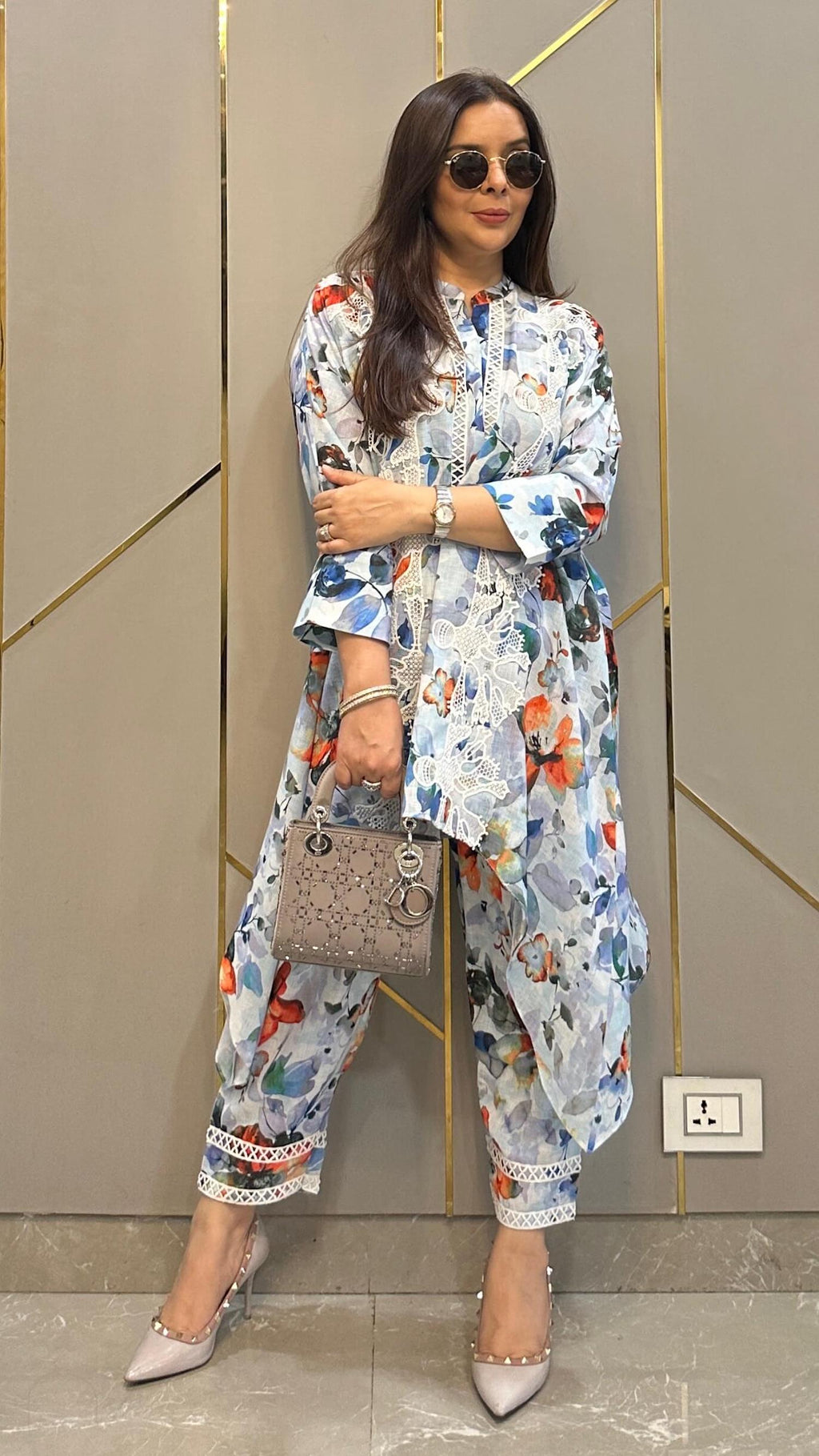 Ice Blue Tropical French Lace High Low Linen Co-ord Set