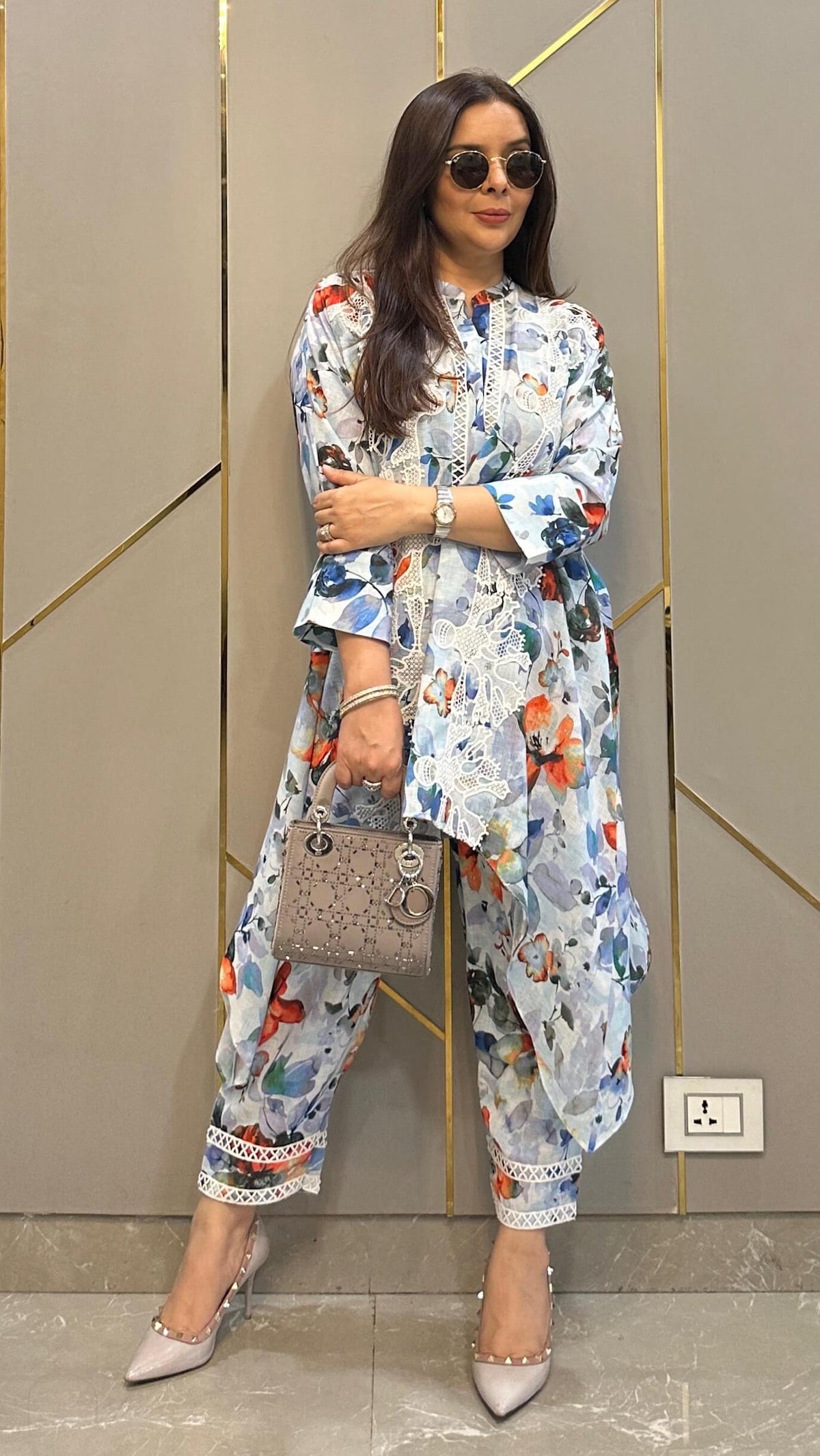 Ice Blue Tropical French Lace High Low Linen Co-ord Set