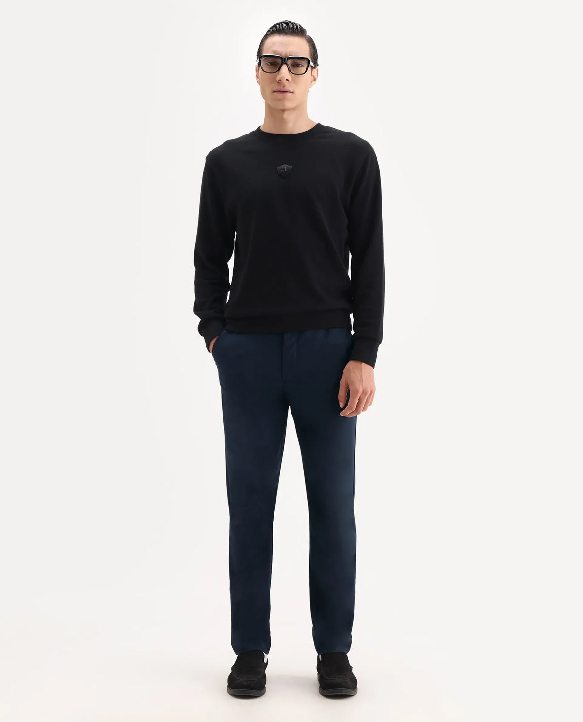 Rare Rabbit Men's Ital Navy Viscose Blend Plain Regular Fit Trouser