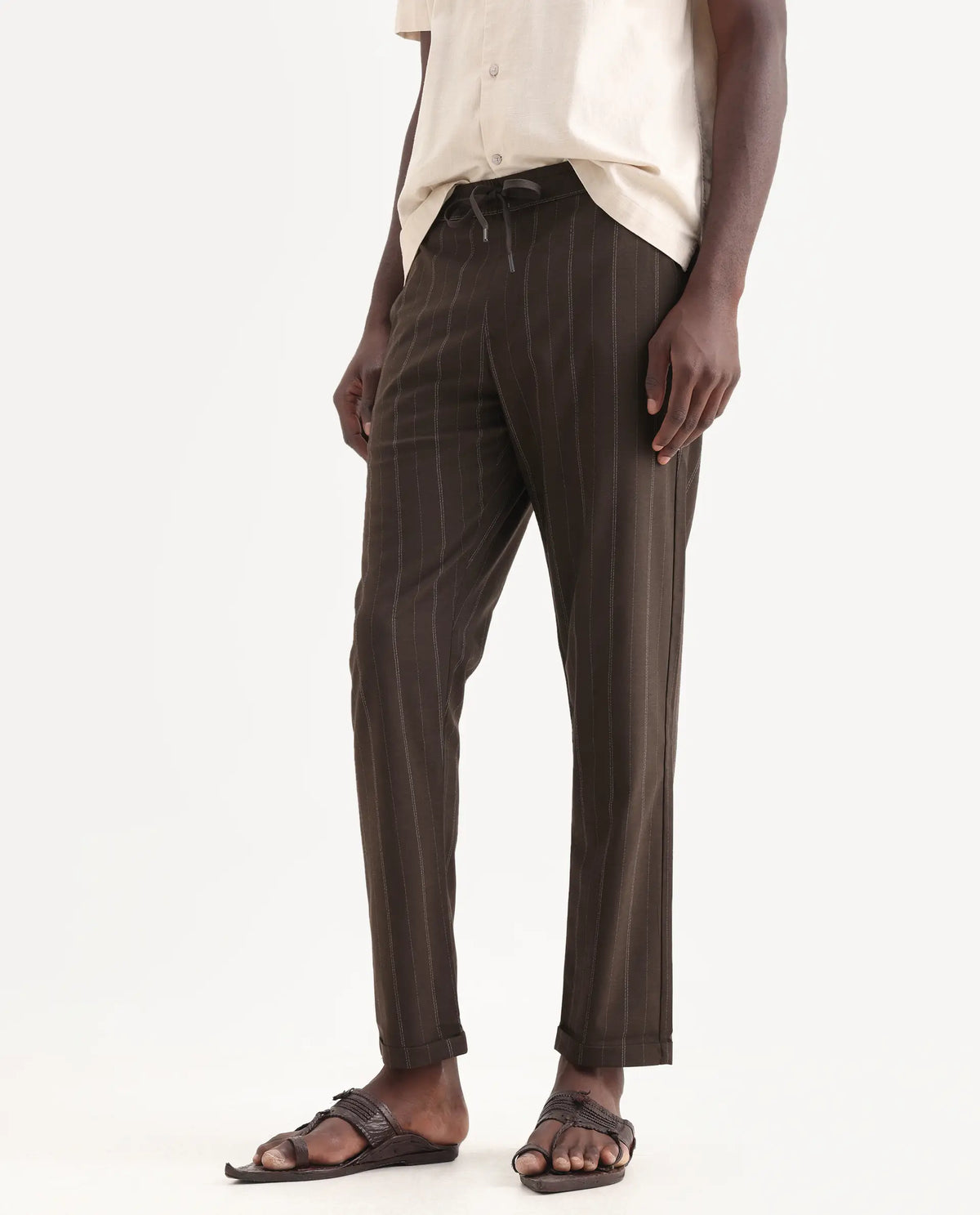 Rare Rabbit Men's Jaret Brown Polyester Blend Striped Print Relaxed Fit Trouser