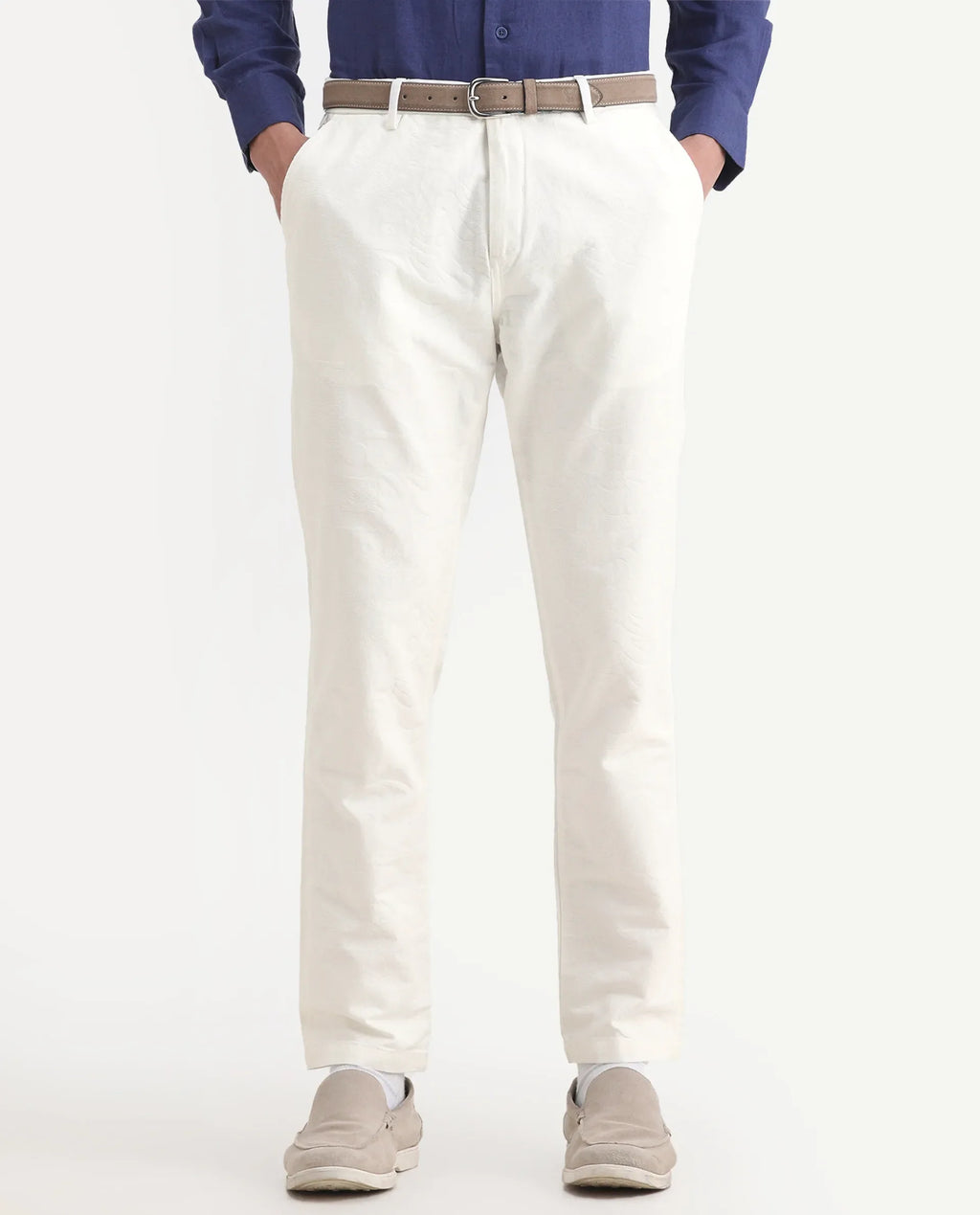 Rare Rabbit Men's Jeck-1 White Cotton Jacquard Regular Fit Trouser