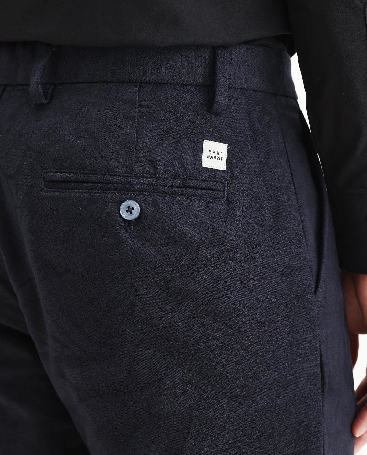 Rare Rabbit Men's Jeck-24 Navy Cotton Jacquard Regular Fit Trouser