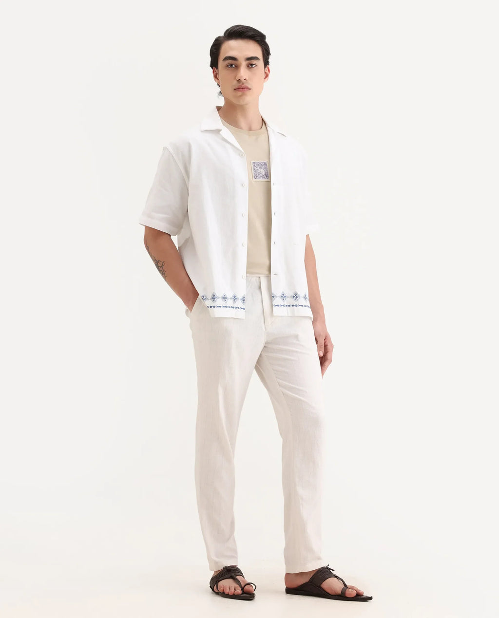 Rare Rabbit Men's Jlo Beige Linen Blend Plain Relaxed Fit Trouser