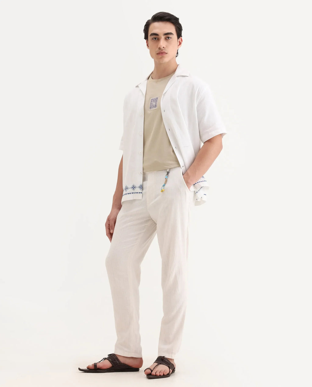 Rare Rabbit Men's Jlo Beige Linen Blend Plain Relaxed Fit Trouser