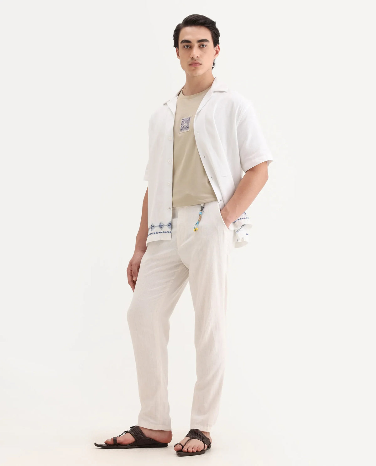 Rare Rabbit Men's Jlo Beige Linen Blend Plain Relaxed Fit Trouser