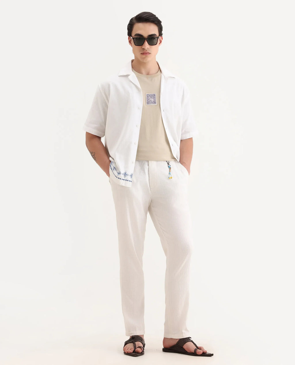Rare Rabbit Men's Jlo Beige Linen Blend Plain Relaxed Fit Trouser