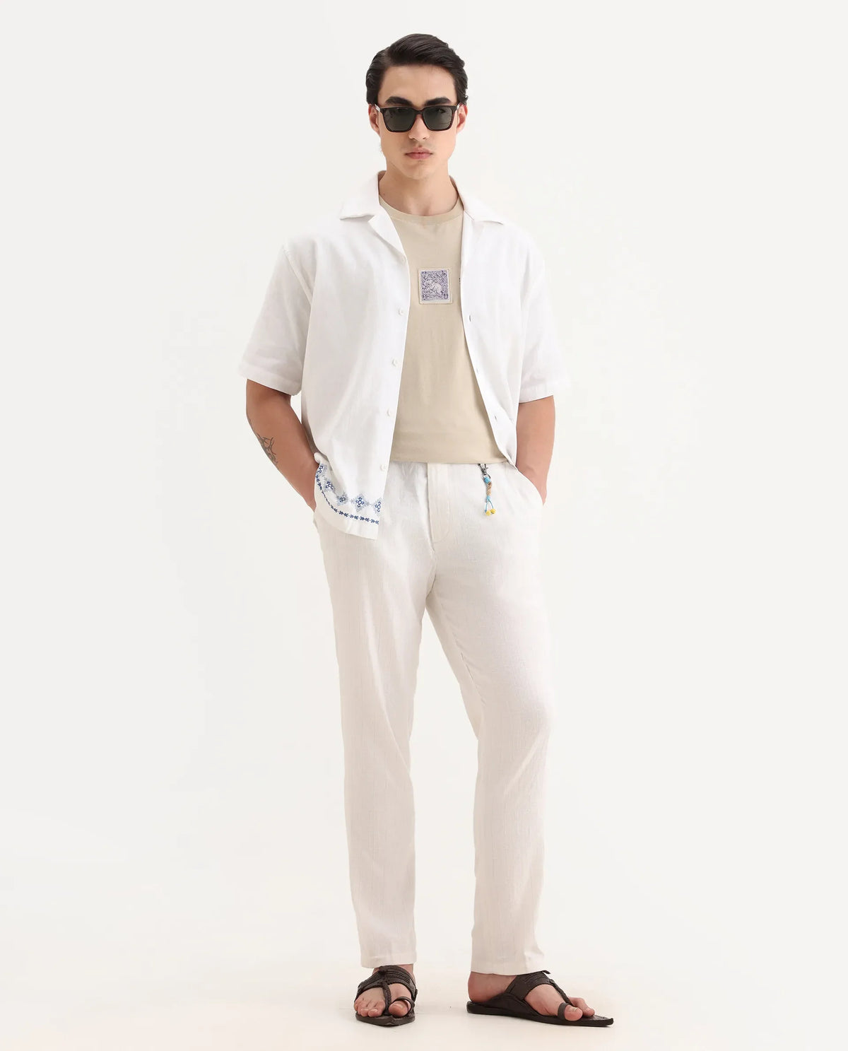 Rare Rabbit Men's Jlo Beige Linen Blend Plain Relaxed Fit Trouser